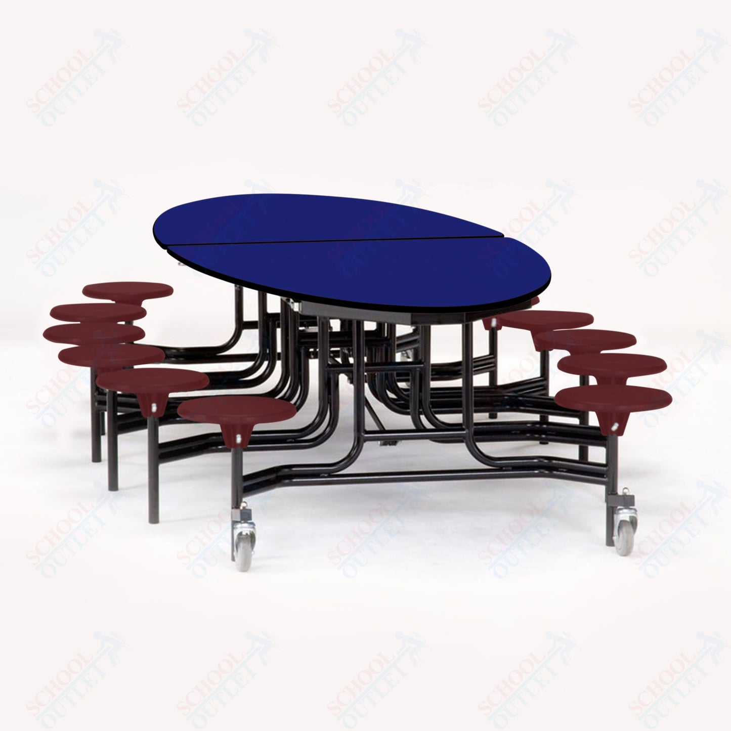 NPS 10' Elliptical Mobile Cafeteria Table - 12 Stools - Particleboard Core - T-Molding Edge - Black Powdercoated Frame