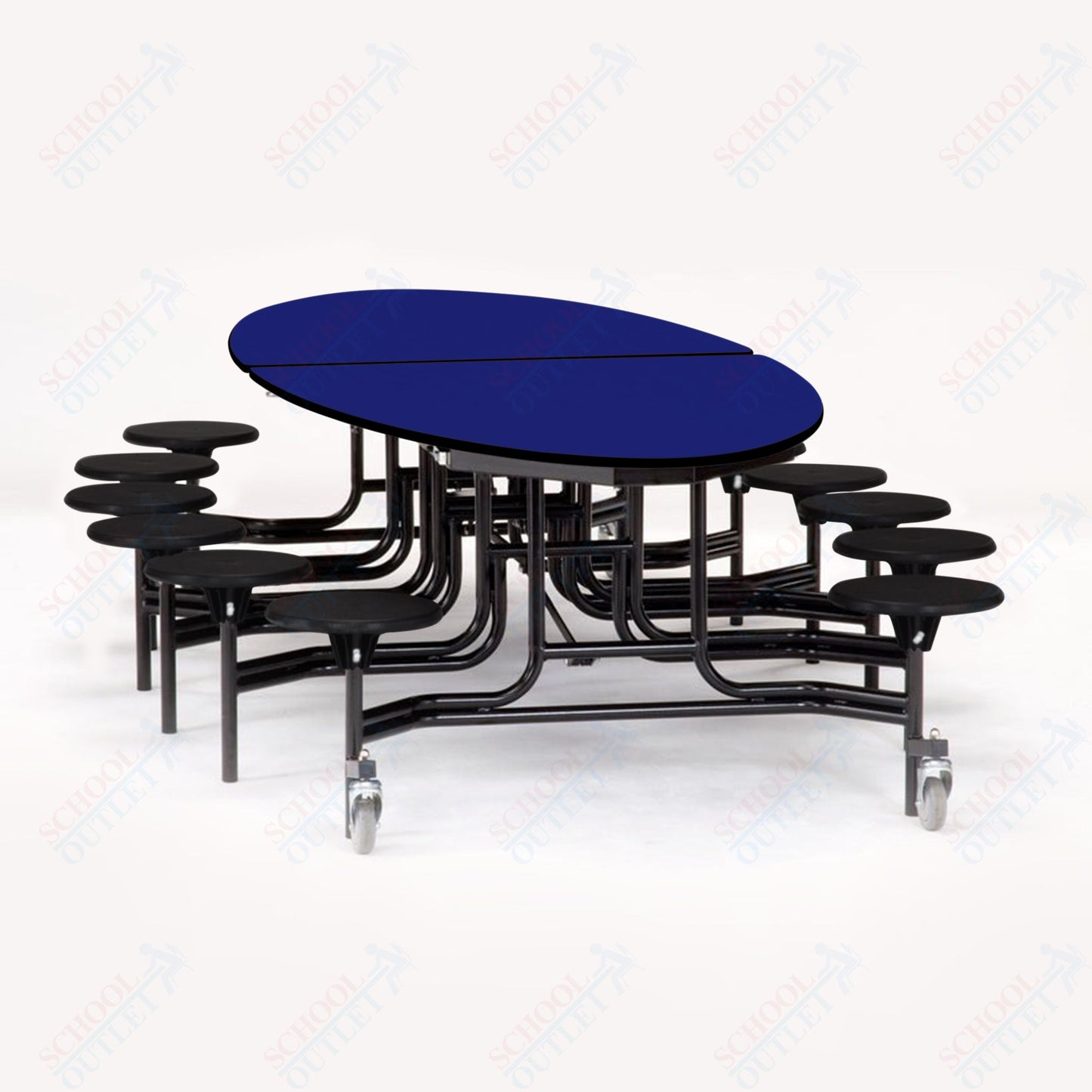 NPS 10' Elliptical Mobile Cafeteria Table - 12 Stools - Particleboard Core - T-Molding Edge - Black Powdercoated Frame