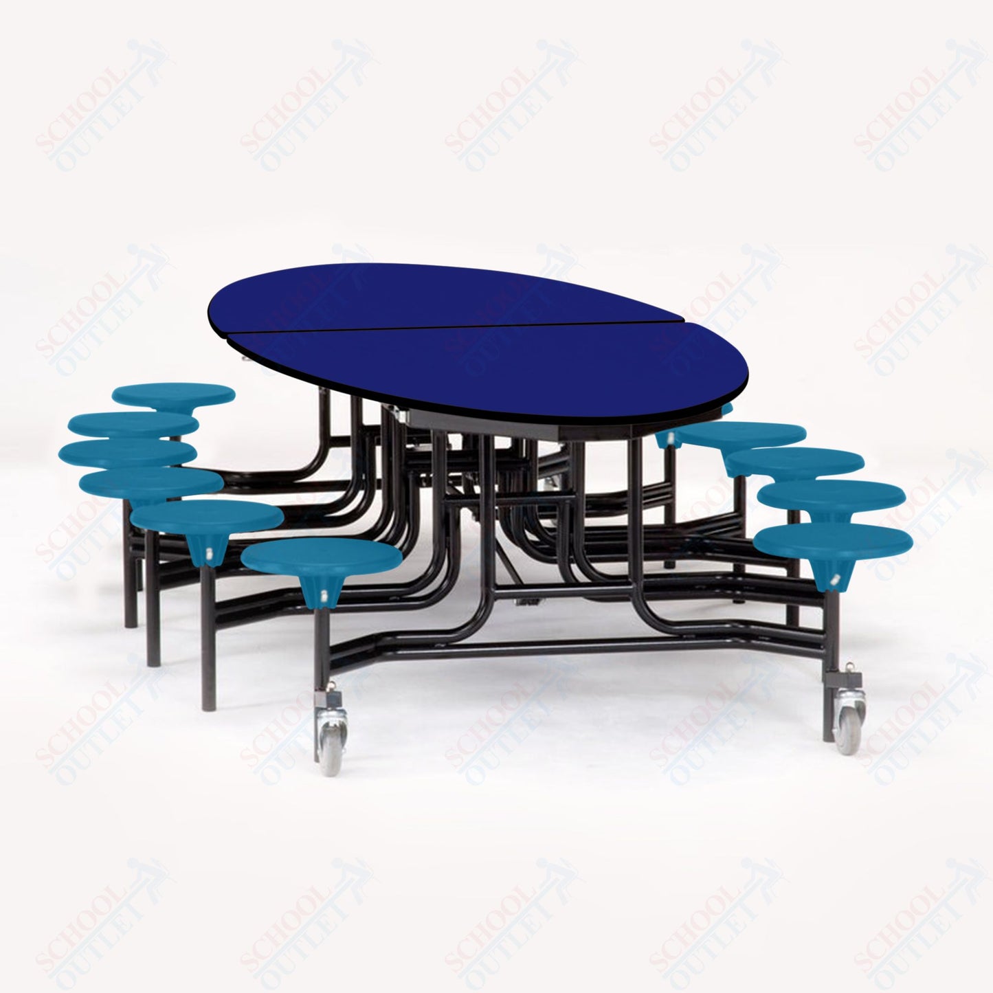 NPS 10' Elliptical Mobile Cafeteria Table - 12 Stools - Particleboard Core - T-Molding Edge - Black Powdercoated Frame