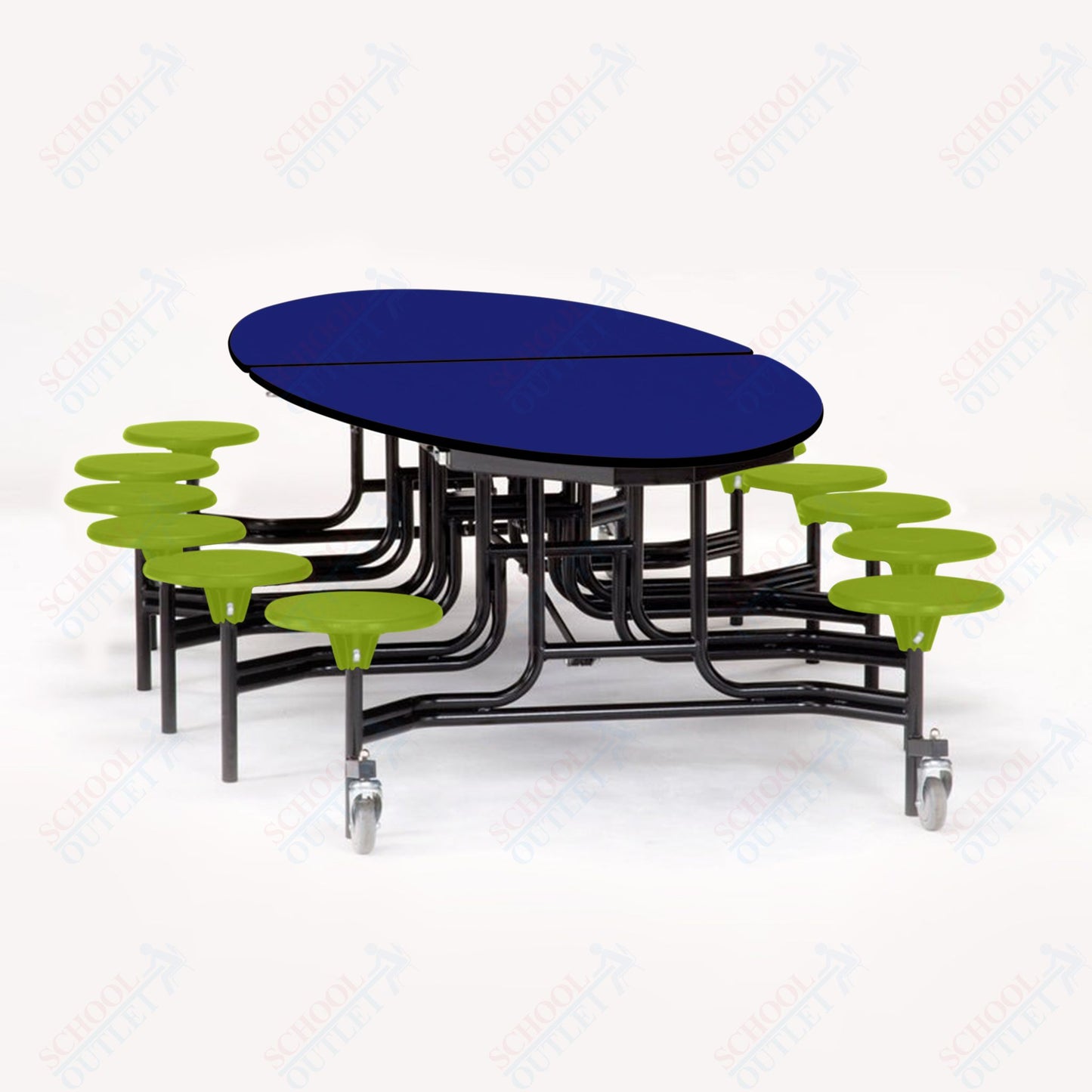 NPS 10' Elliptical Mobile Cafeteria Table - 12 Stools - Particleboard Core - T-Molding Edge - Black Powdercoated Frame