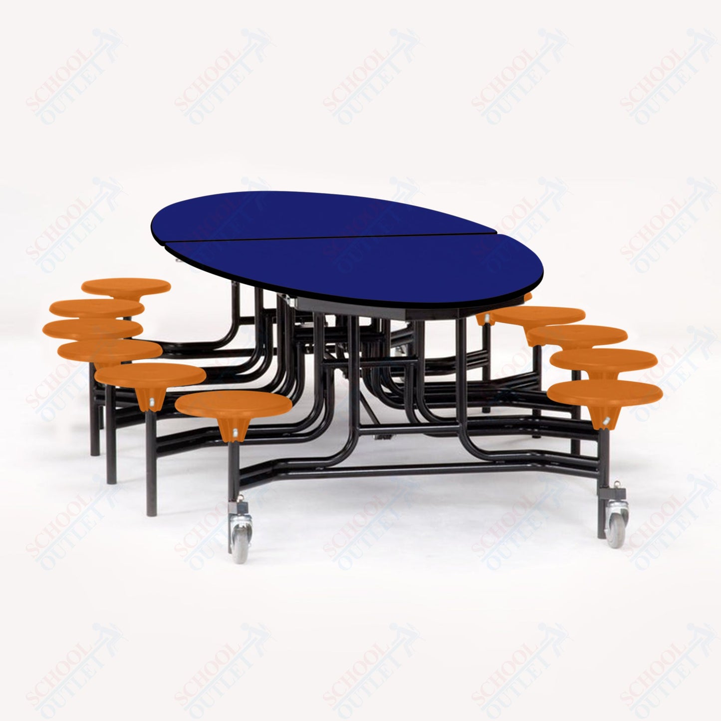 NPS 10' Elliptical Mobile Cafeteria Table - 12 Stools - Particleboard Core - T-Molding Edge - Black Powdercoated Frame
