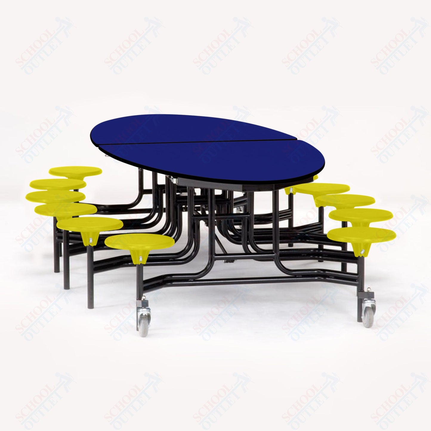 NPS 10' Elliptical Mobile Cafeteria Table - 12 Stools - Particleboard Core - T-Molding Edge - Black Powdercoated Frame