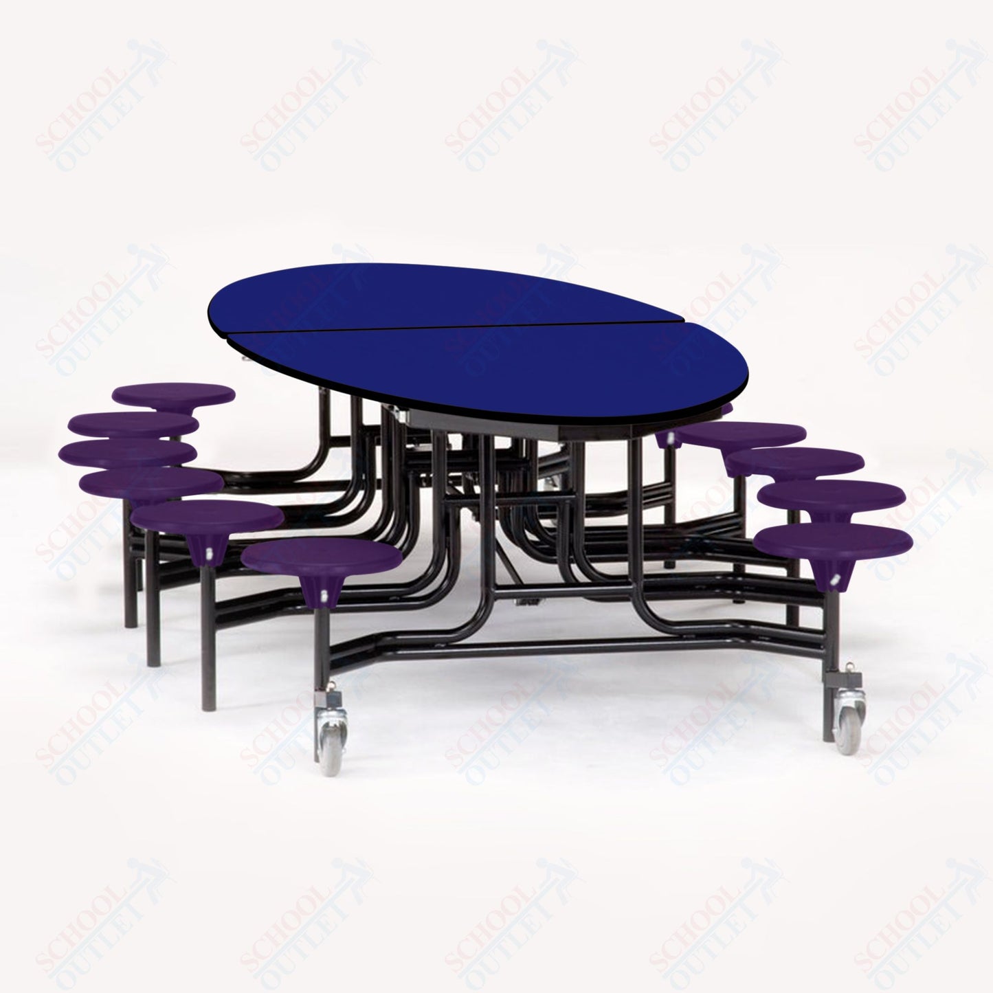 NPS 10' Elliptical Mobile Cafeteria Table - 12 Stools - Particleboard Core - T-Molding Edge - Black Powdercoated Frame