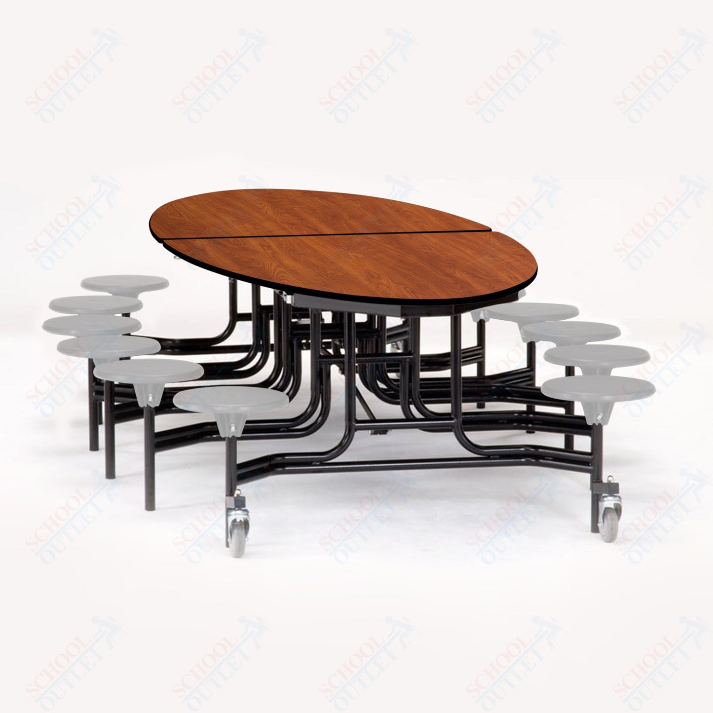NPS 10' Elliptical Mobile Cafeteria Table - 12 Stools - Particleboard Core - T-Molding Edge - Black Powdercoated Frame