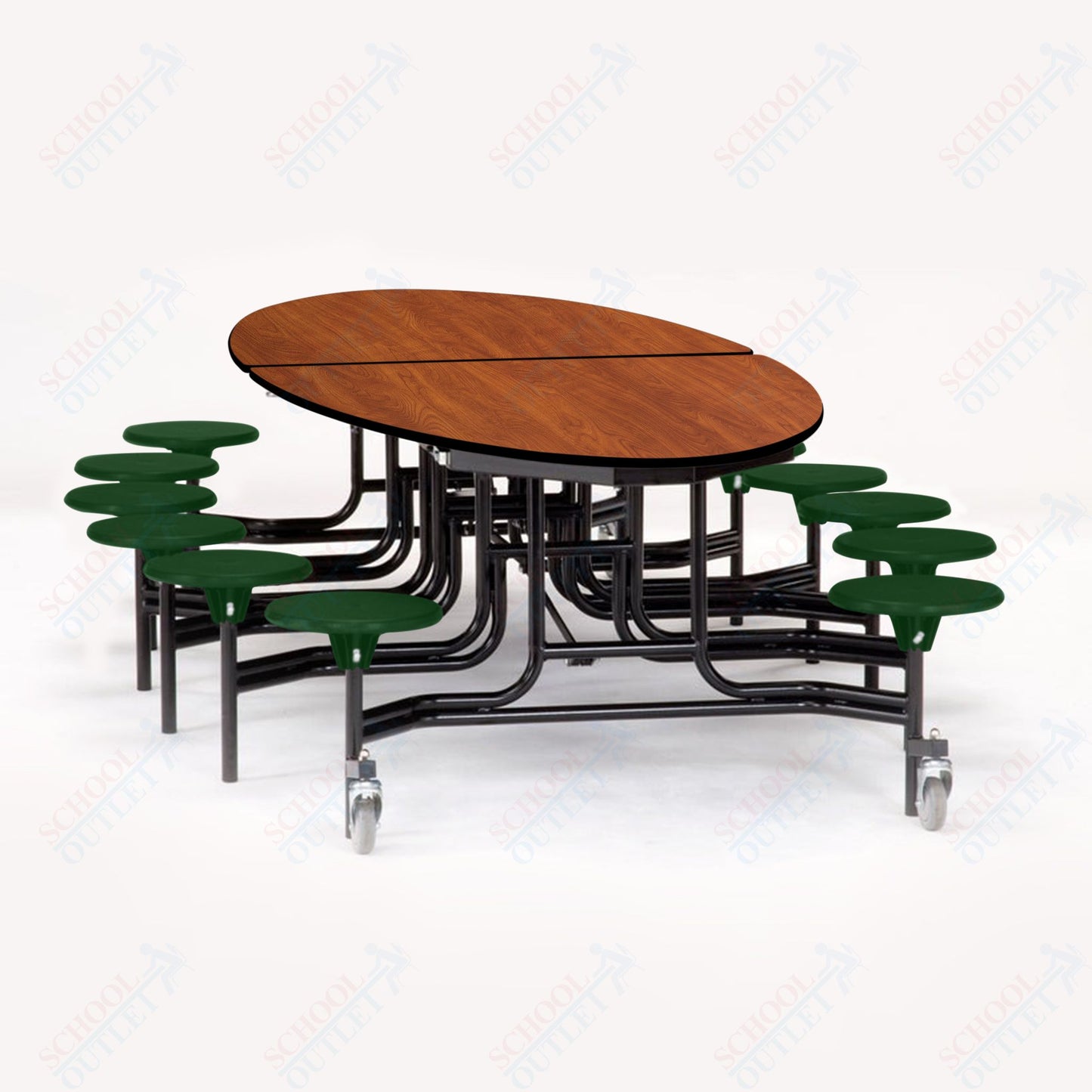 NPS 10' Elliptical Mobile Cafeteria Table - 12 Stools - Particleboard Core - T-Molding Edge - Black Powdercoated Frame