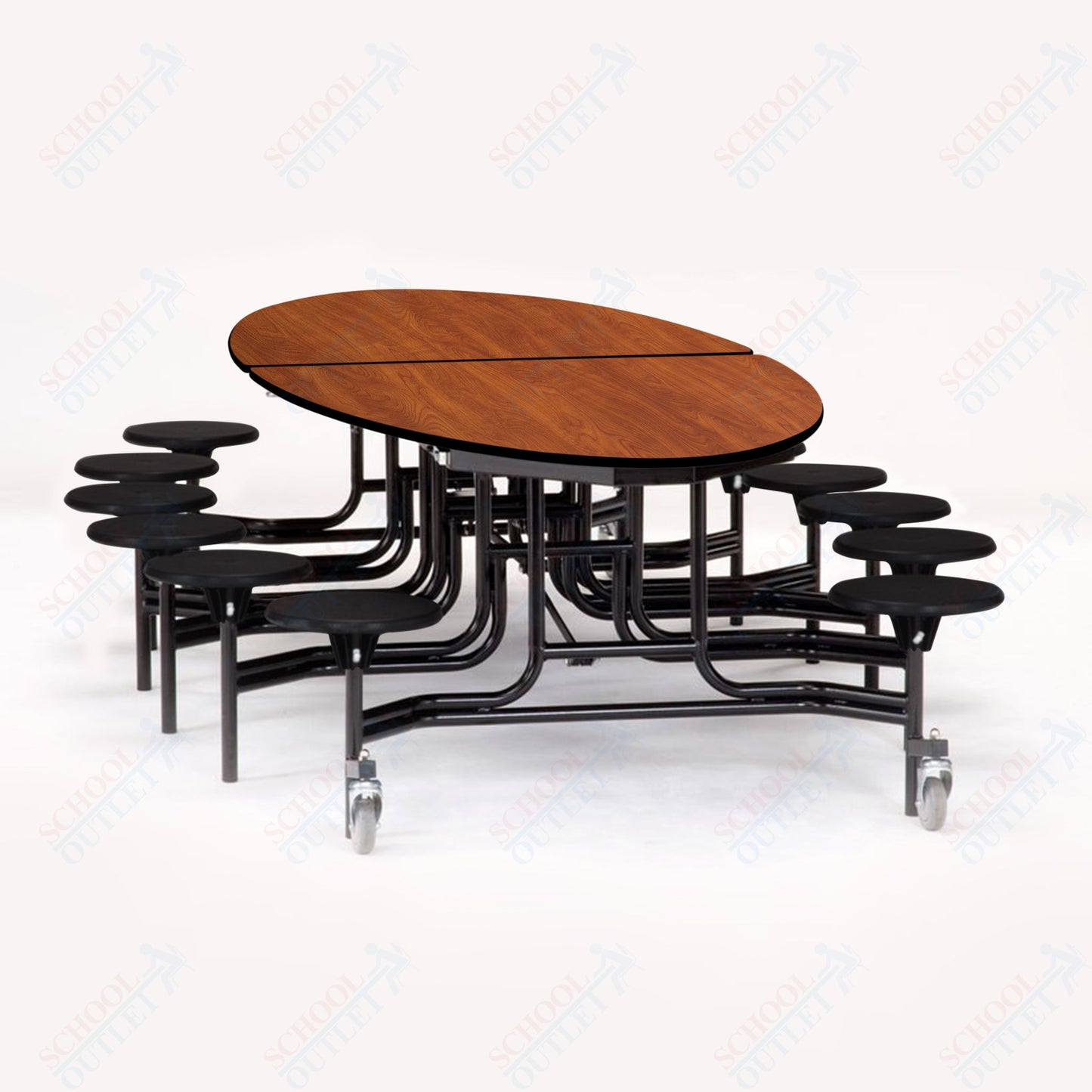 NPS 10' Elliptical Mobile Cafeteria Table - 12 Stools - Particleboard Core - T-Molding Edge - Black Powdercoated Frame
