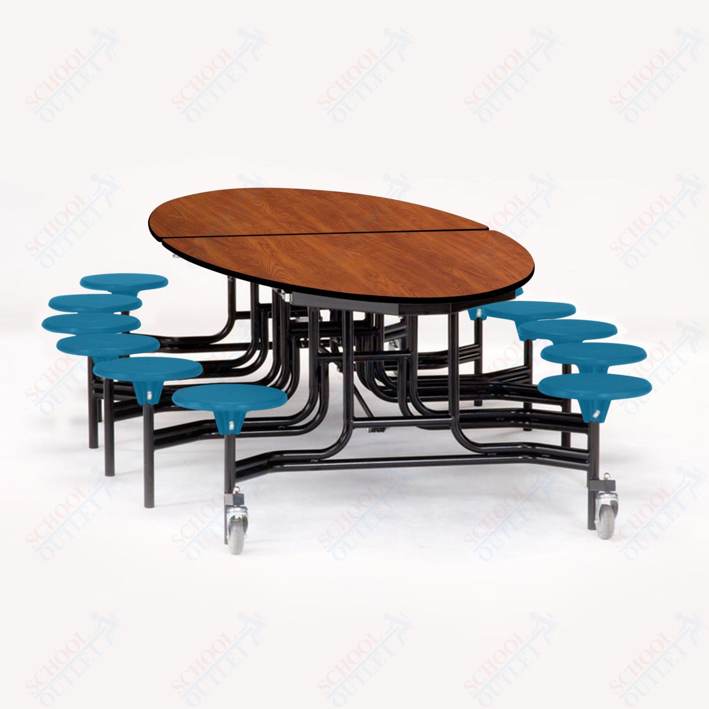 NPS 10' Elliptical Mobile Cafeteria Table - 12 Stools - Particleboard Core - T-Molding Edge - Black Powdercoated Frame