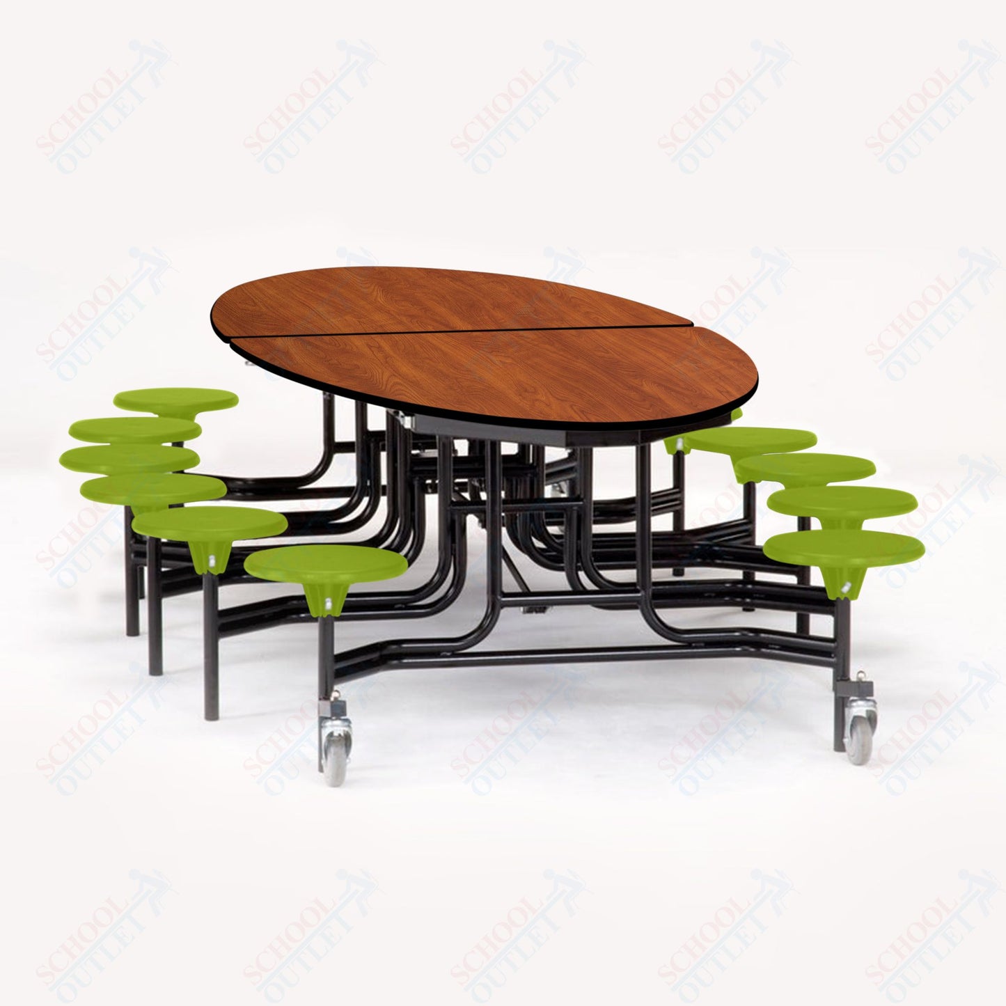 NPS 10' Elliptical Mobile Cafeteria Table - 12 Stools - Particleboard Core - T-Molding Edge - Black Powdercoated Frame