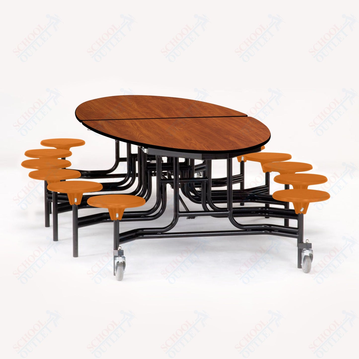 NPS 10' Elliptical Mobile Cafeteria Table - 12 Stools - Particleboard Core - T-Molding Edge - Black Powdercoated Frame