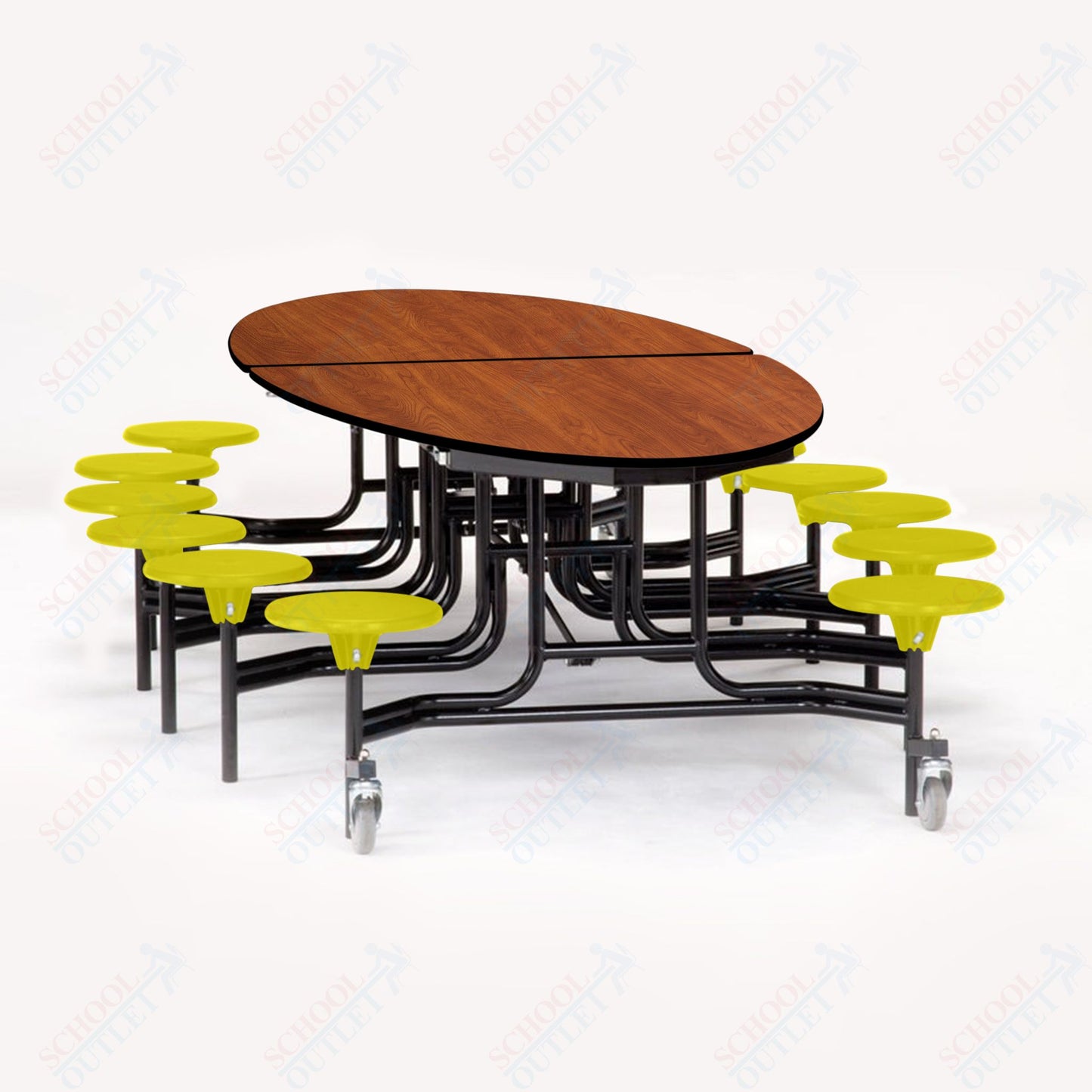 NPS 10' Elliptical Mobile Cafeteria Table - 12 Stools - Particleboard Core - T-Molding Edge - Black Powdercoated Frame