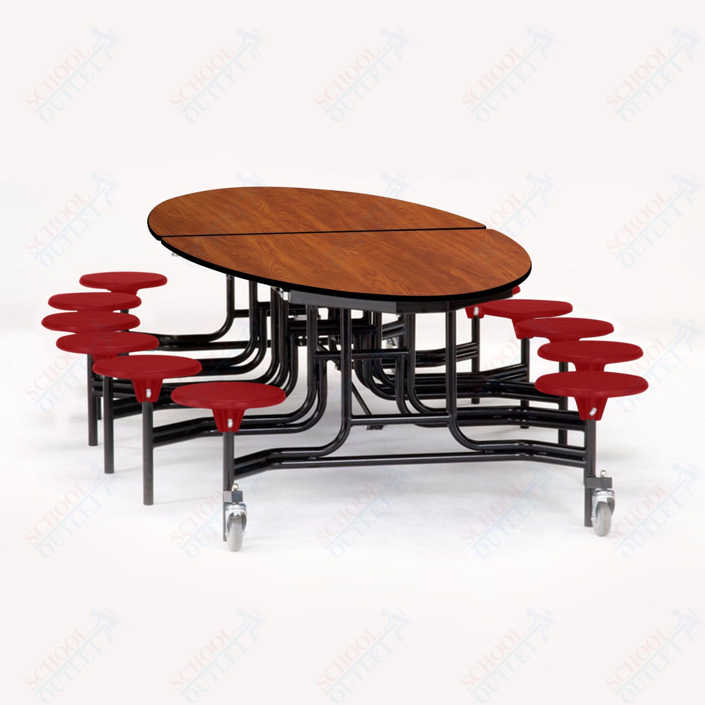 NPS 10' Elliptical Mobile Cafeteria Table - 12 Stools - Particleboard Core - T-Molding Edge - Black Powdercoated Frame