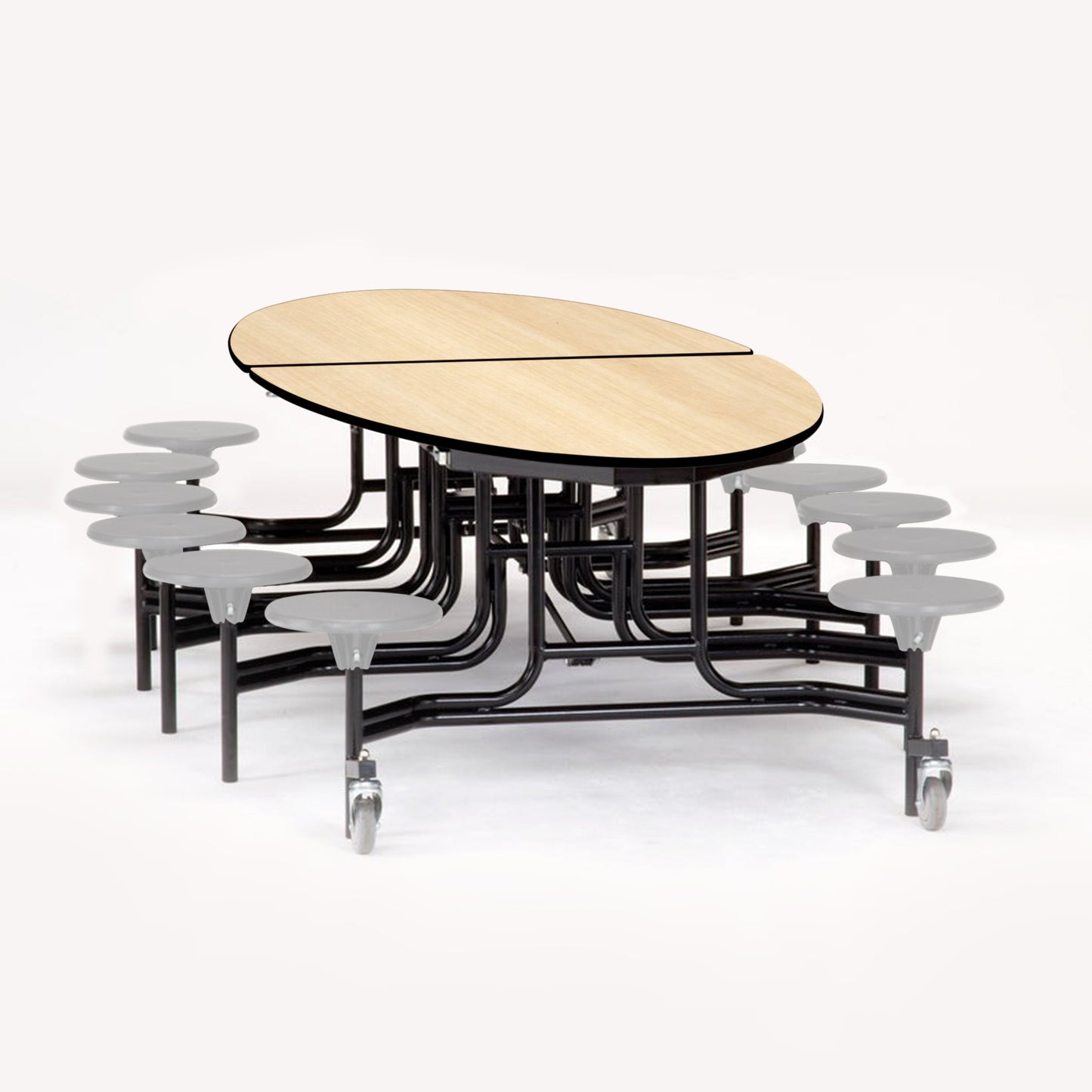 NPS 10' Elliptical Mobile Cafeteria Table - 12 Stools - Particleboard Core - T-Molding Edge - Black Powdercoated Frame