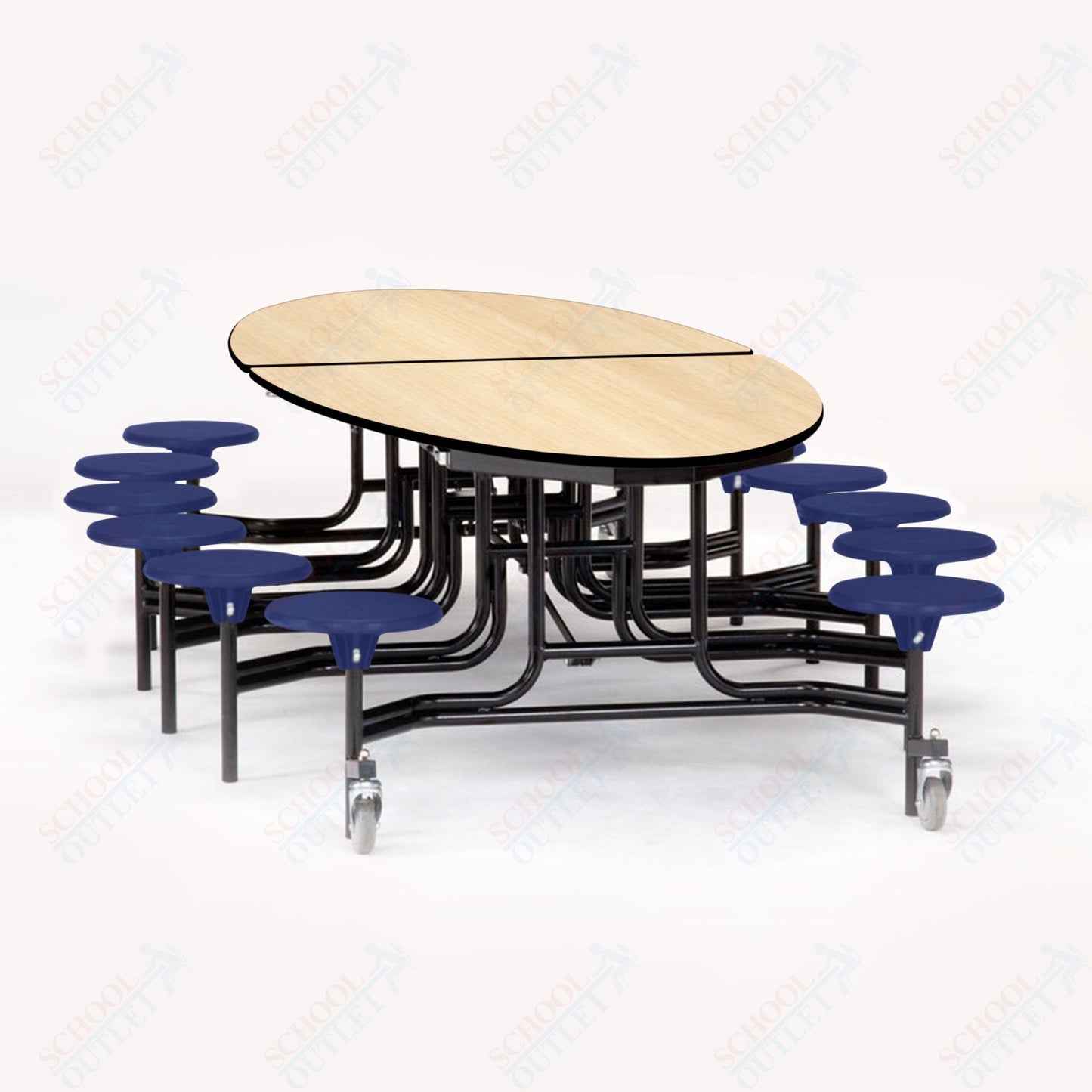 NPS 10' Elliptical Mobile Cafeteria Table - 12 Stools - Particleboard Core - T-Molding Edge - Black Powdercoated Frame