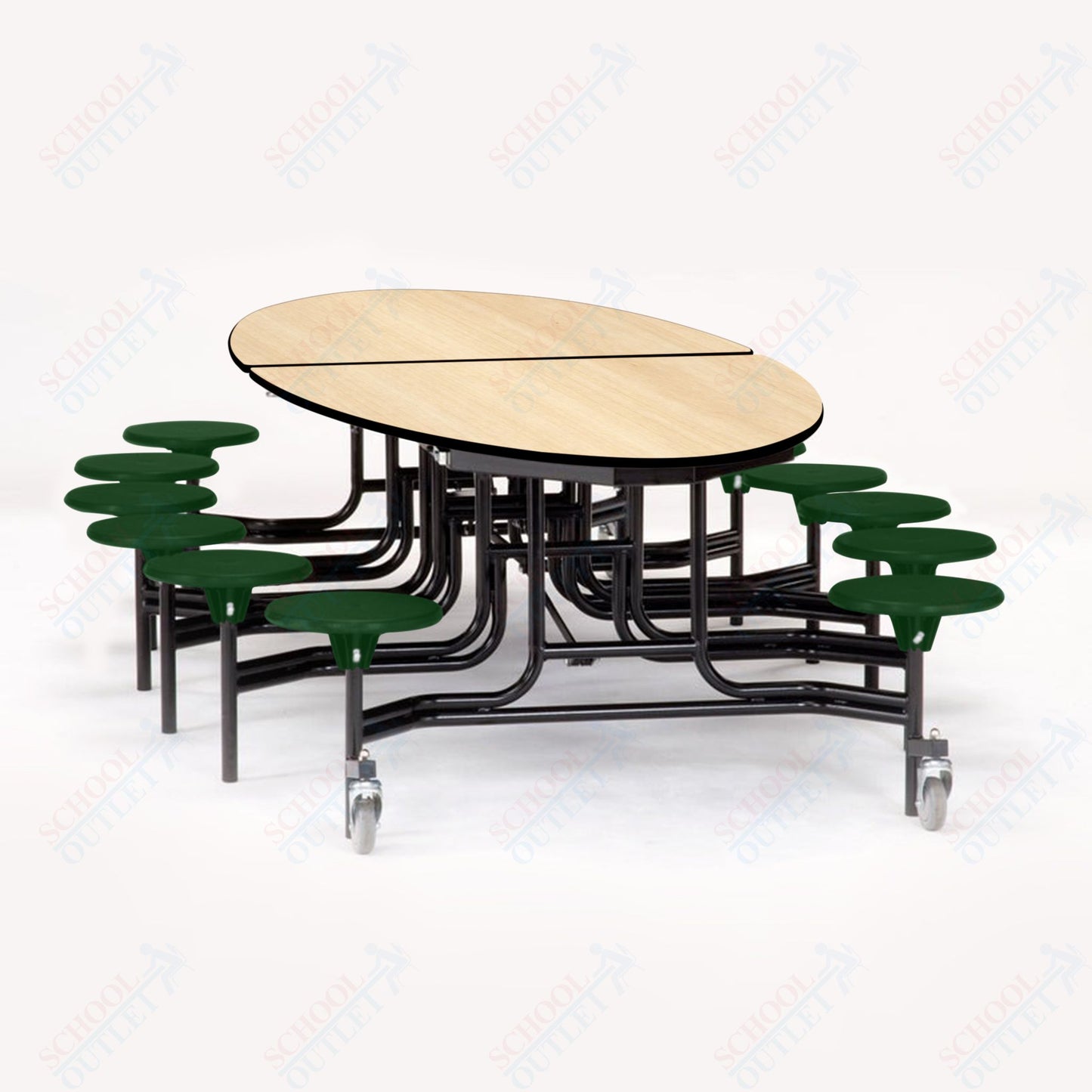 NPS 10' Elliptical Mobile Cafeteria Table - 12 Stools - Particleboard Core - T-Molding Edge - Black Powdercoated Frame