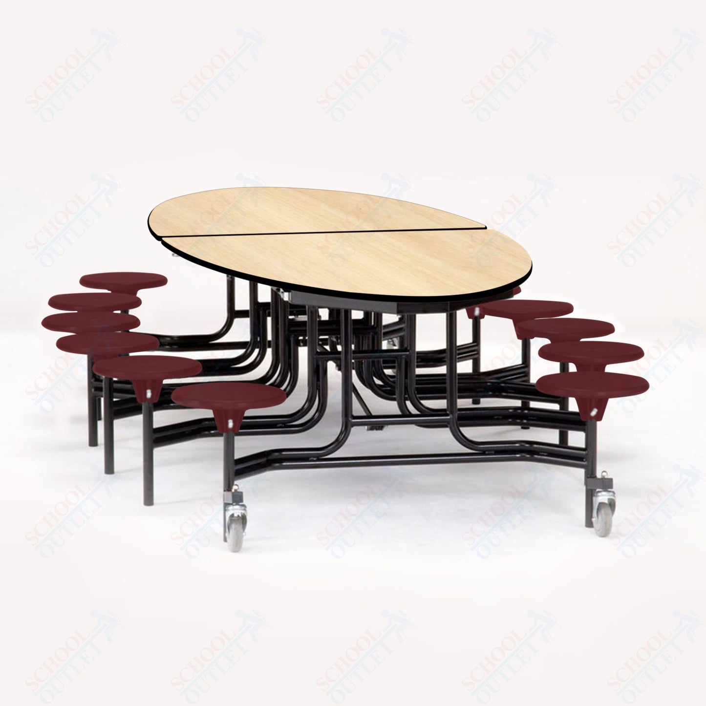 NPS 10' Elliptical Mobile Cafeteria Table - 12 Stools - Particleboard Core - T-Molding Edge - Black Powdercoated Frame