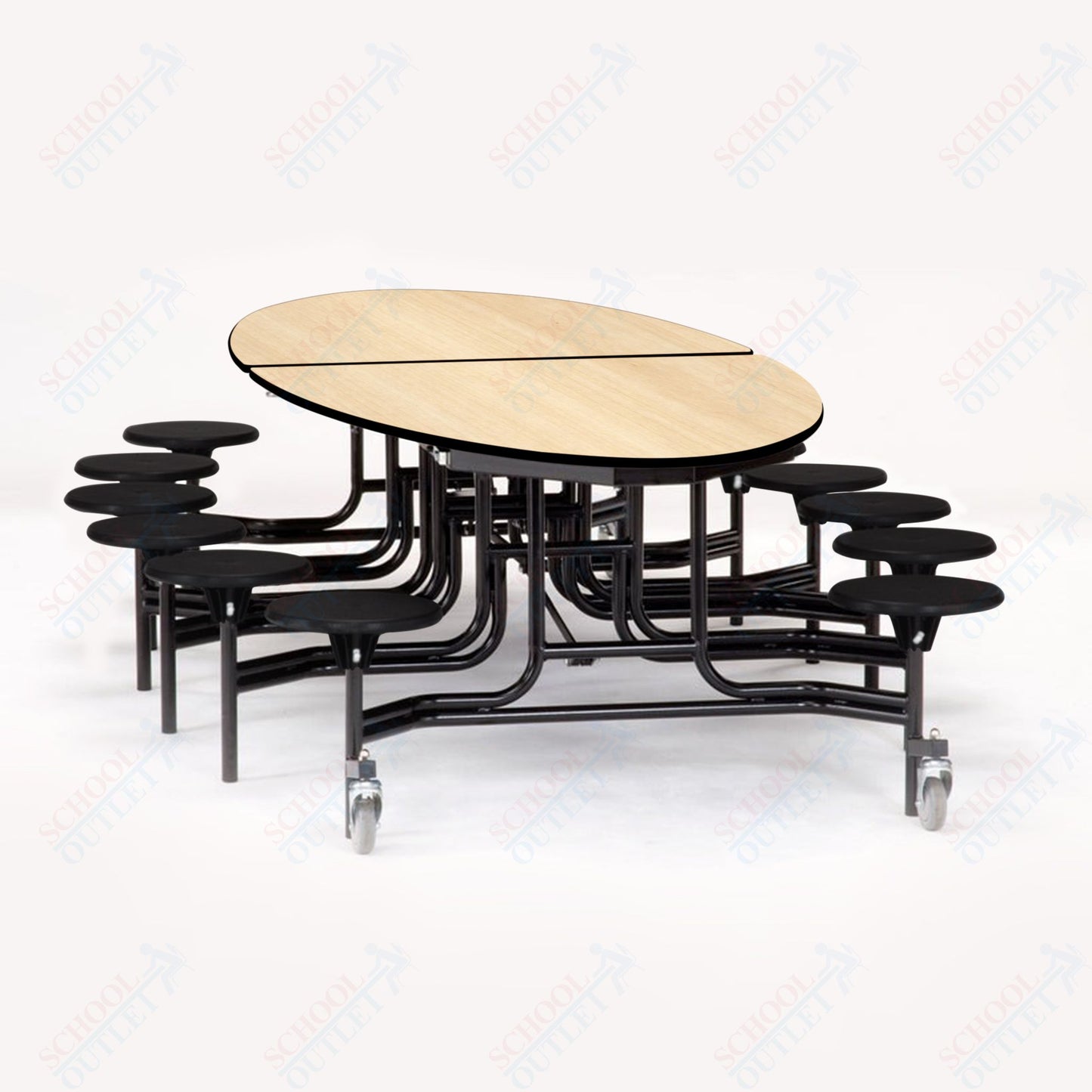 NPS 10' Elliptical Mobile Cafeteria Table - 12 Stools - Particleboard Core - T-Molding Edge - Black Powdercoated Frame