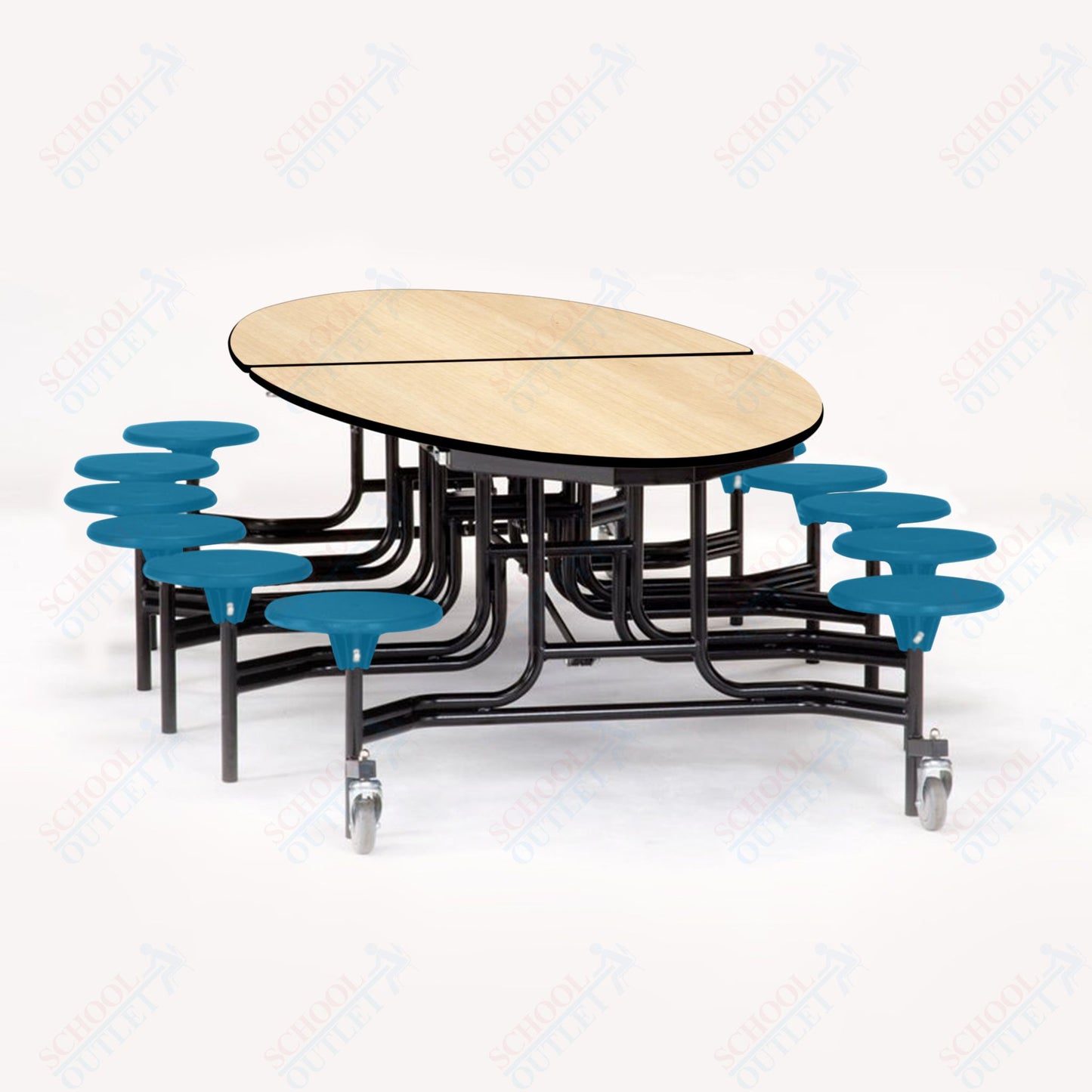 NPS 10' Elliptical Mobile Cafeteria Table - 12 Stools - Particleboard Core - T-Molding Edge - Black Powdercoated Frame