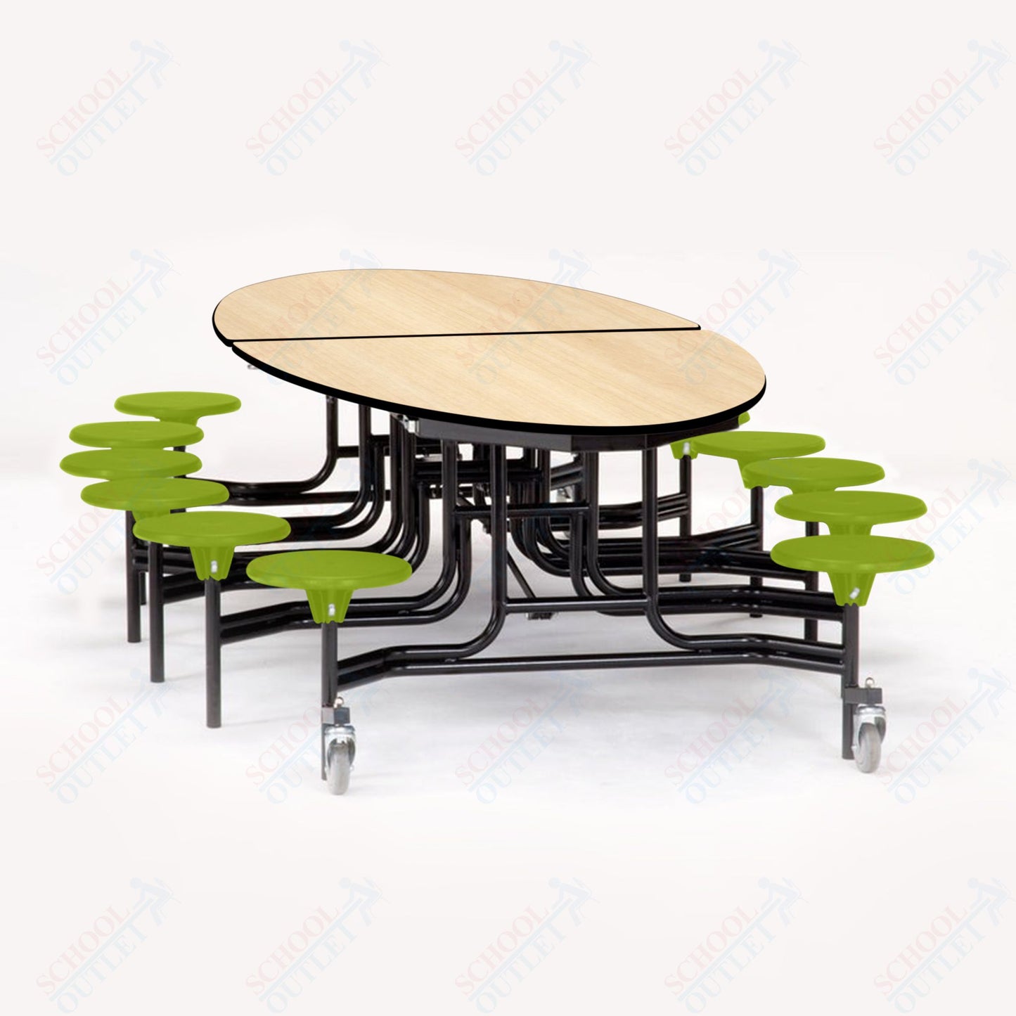 NPS 10' Elliptical Mobile Cafeteria Table - 12 Stools - Particleboard Core - T-Molding Edge - Black Powdercoated Frame