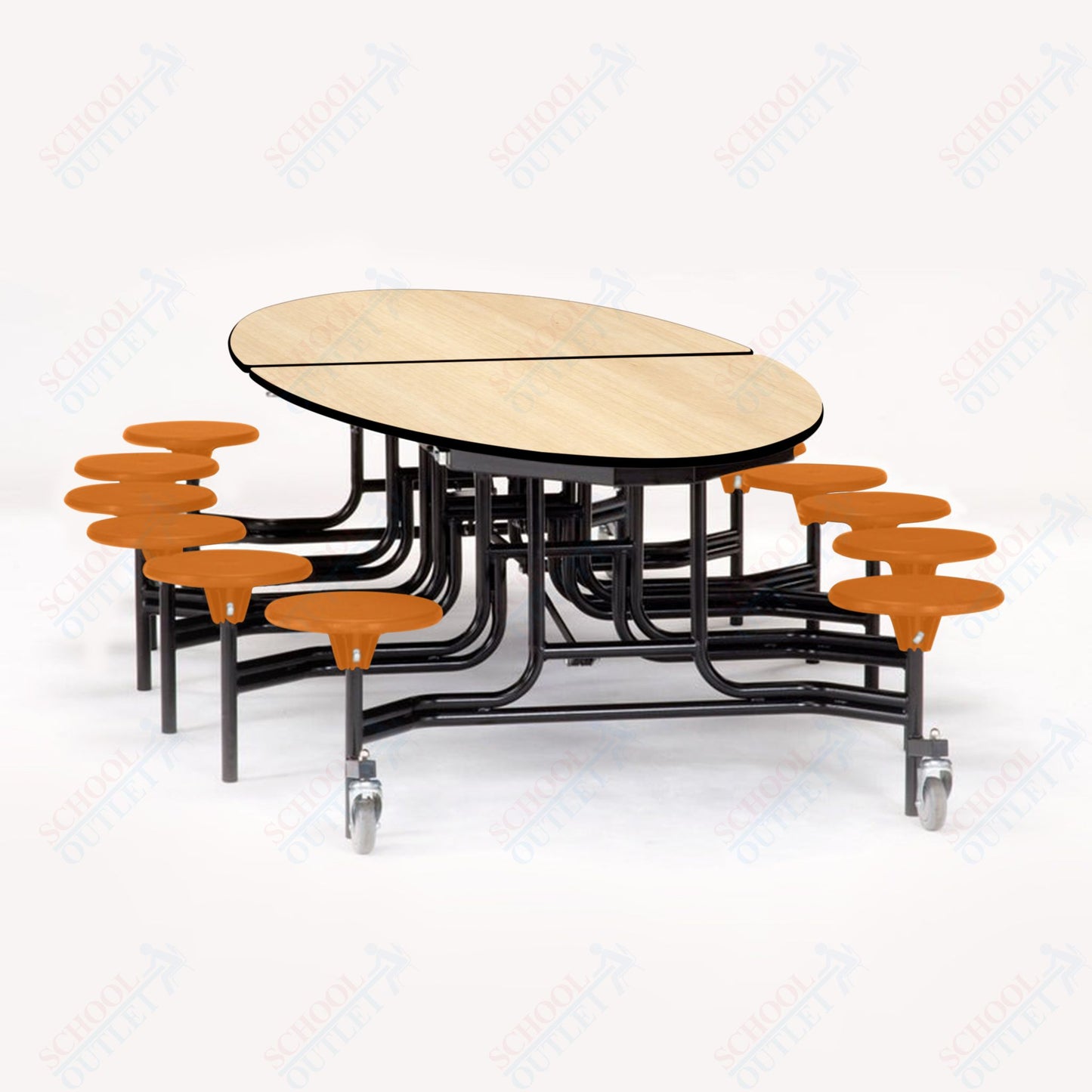 NPS 10' Elliptical Mobile Cafeteria Table - 12 Stools - Particleboard Core - T-Molding Edge - Black Powdercoated Frame