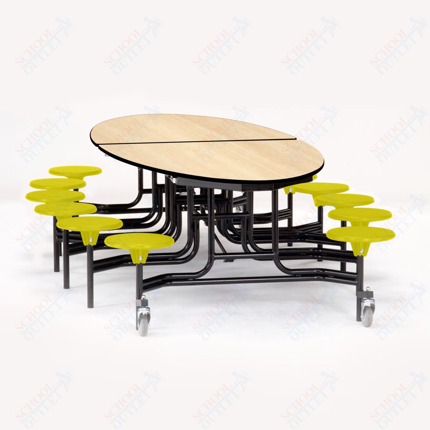 NPS 10' Elliptical Mobile Cafeteria Table - 12 Stools - Particleboard Core - T-Molding Edge - Black Powdercoated Frame