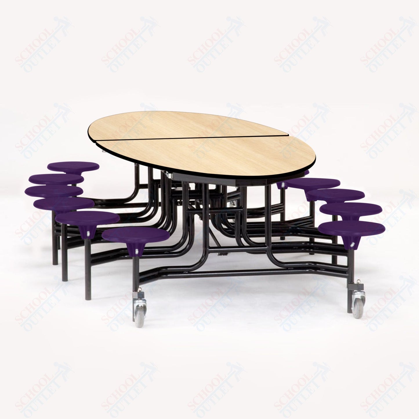 NPS 10' Elliptical Mobile Cafeteria Table - 12 Stools - Particleboard Core - T-Molding Edge - Black Powdercoated Frame