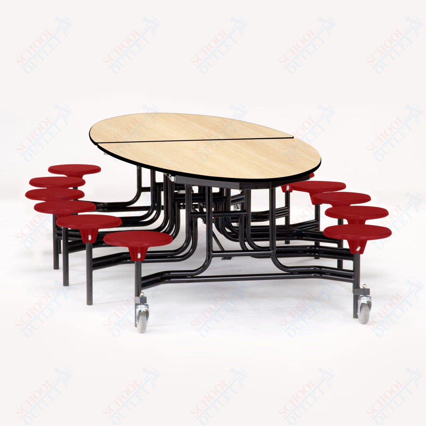 NPS 10' Elliptical Mobile Cafeteria Table - 12 Stools - Particleboard Core - T-Molding Edge - Black Powdercoated Frame