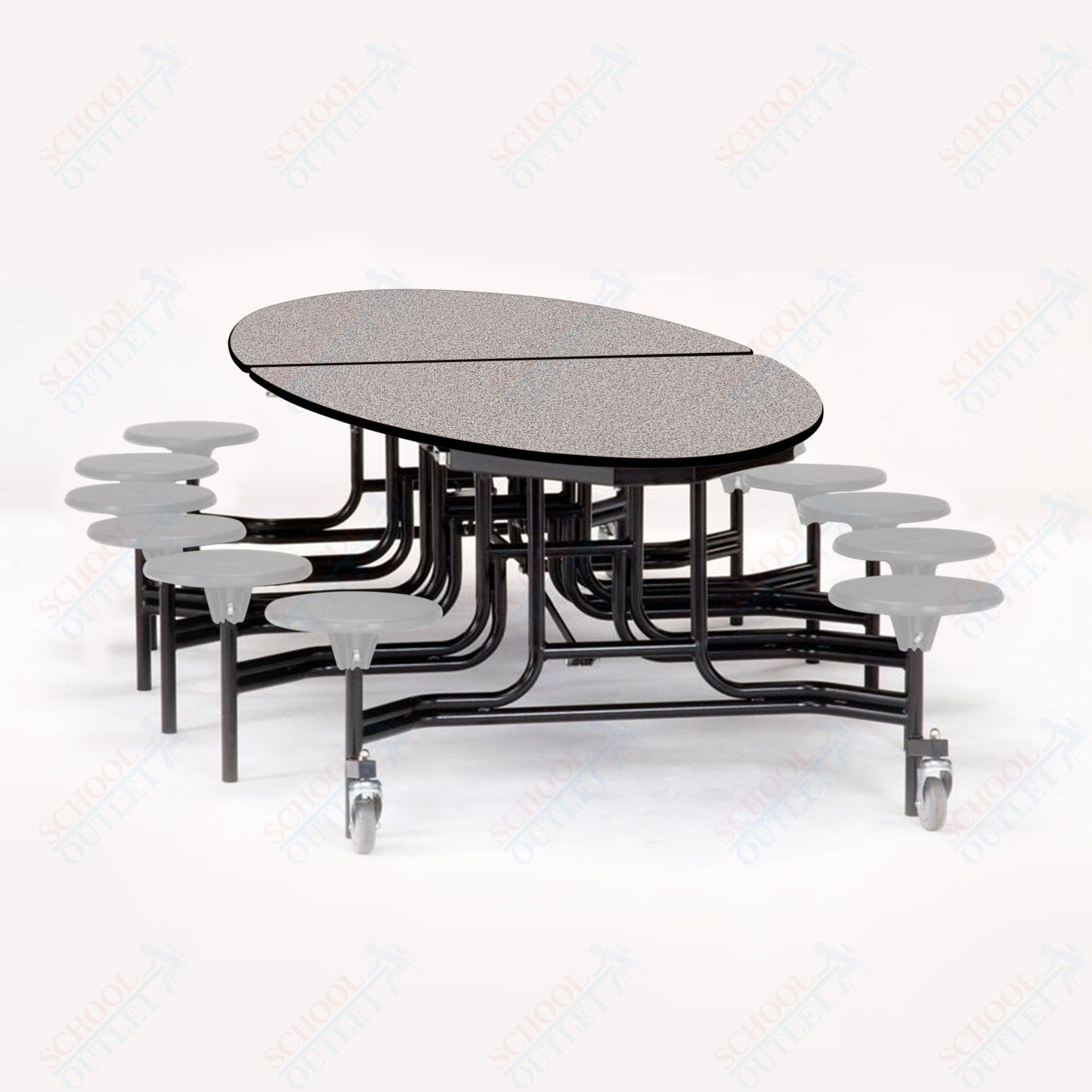 NPS 10' Elliptical Mobile Cafeteria Table - 12 Stools - Particleboard Core - T-Molding Edge - Black Powdercoated Frame