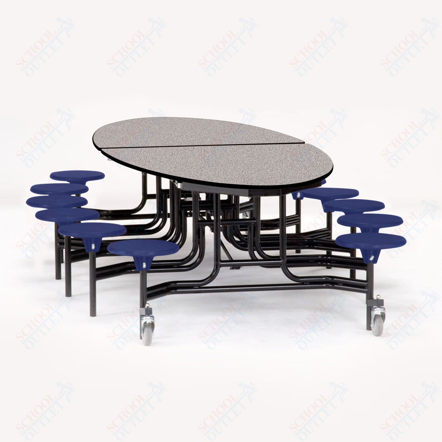 NPS 10' Elliptical Mobile Cafeteria Table - 12 Stools - Particleboard Core - T-Molding Edge - Black Powdercoated Frame