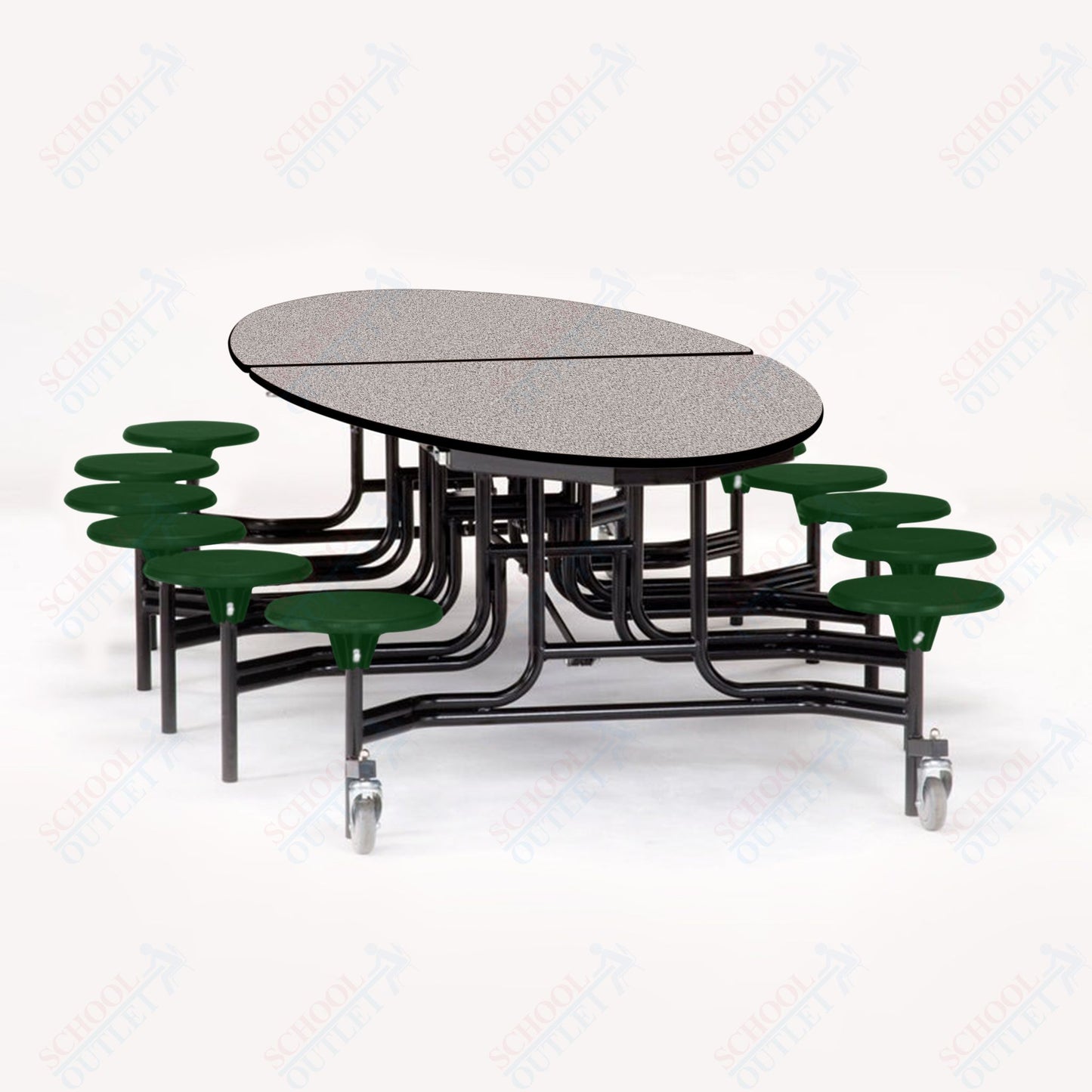 NPS 10' Elliptical Mobile Cafeteria Table - 12 Stools - Particleboard Core - T-Molding Edge - Black Powdercoated Frame