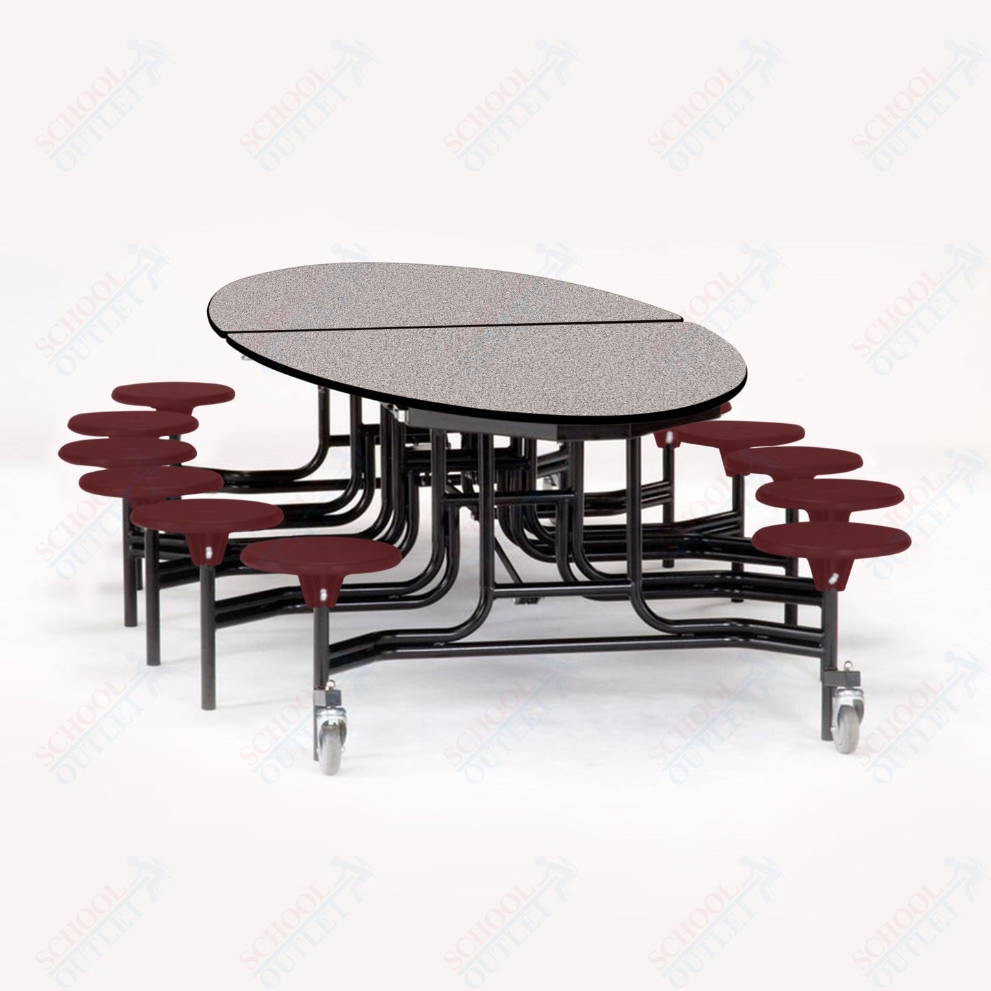 NPS 10' Elliptical Mobile Cafeteria Table - 12 Stools - Particleboard Core - T-Molding Edge - Black Powdercoated Frame