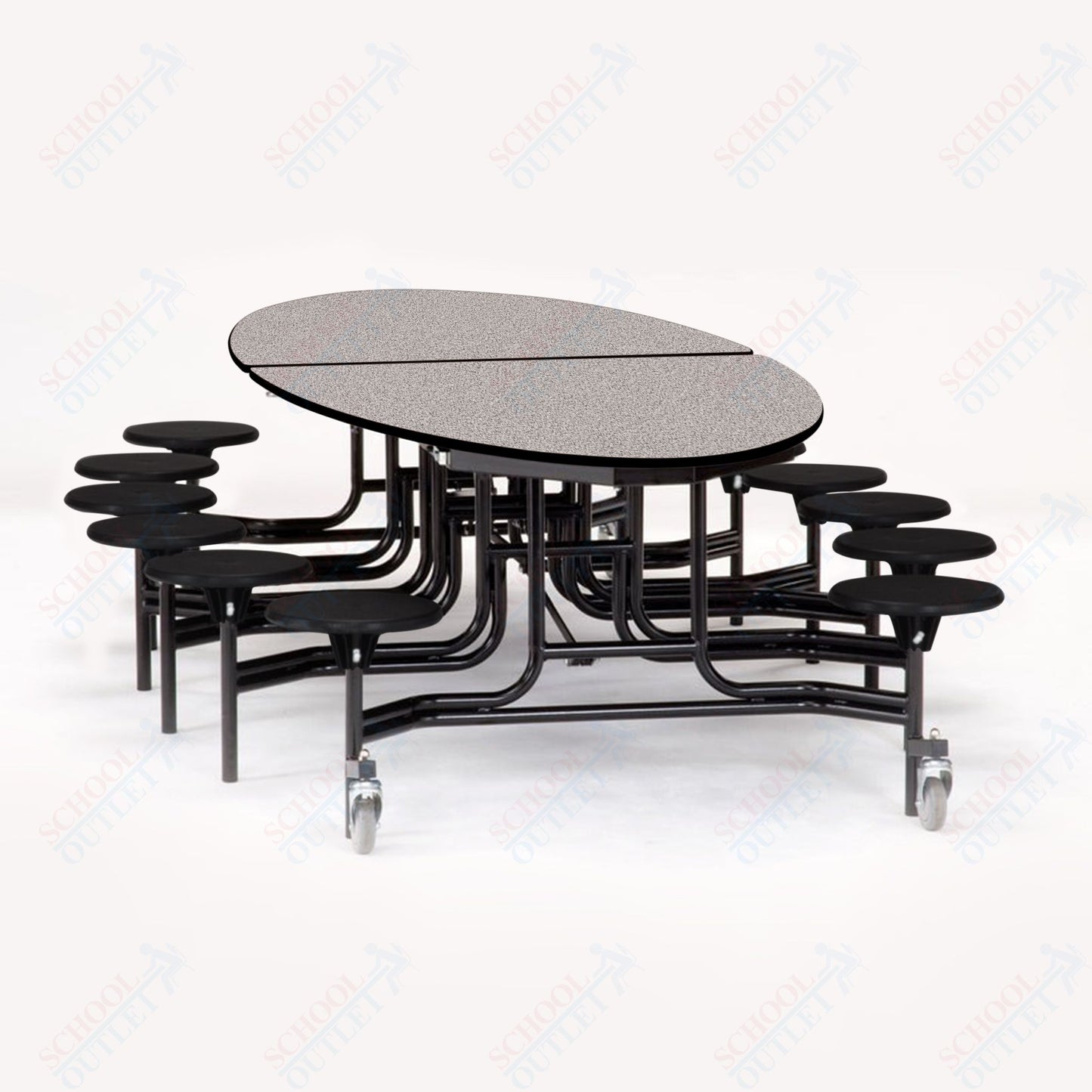 NPS 10' Elliptical Mobile Cafeteria Table - 12 Stools - Particleboard Core - T-Molding Edge - Black Powdercoated Frame