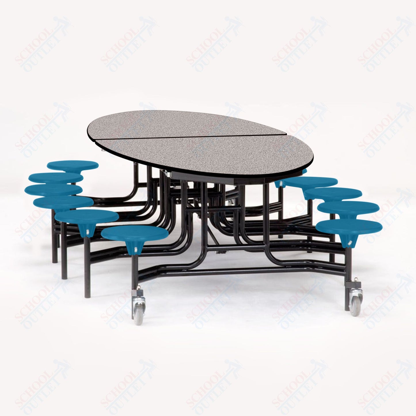 NPS 10' Elliptical Mobile Cafeteria Table - 12 Stools - Particleboard Core - T-Molding Edge - Black Powdercoated Frame