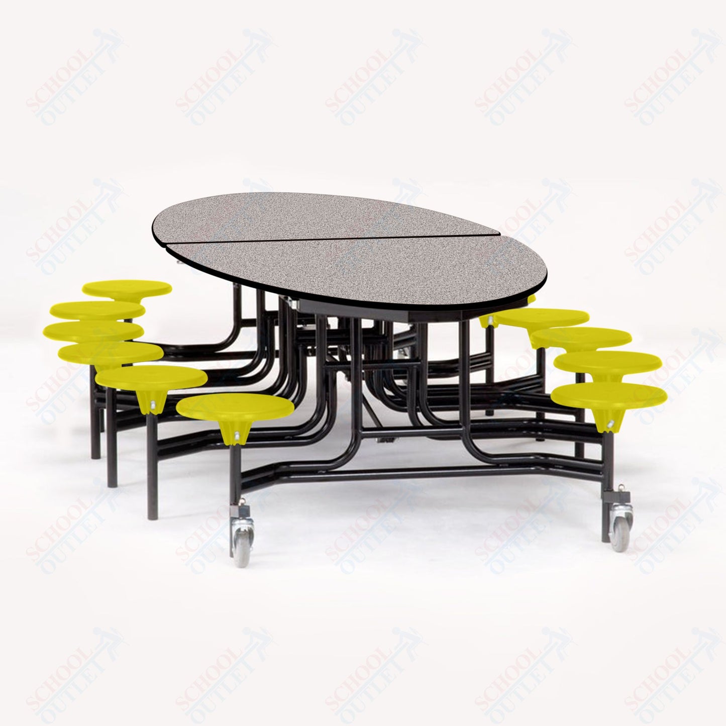 NPS 10' Elliptical Mobile Cafeteria Table - 12 Stools - Particleboard Core - T-Molding Edge - Black Powdercoated Frame