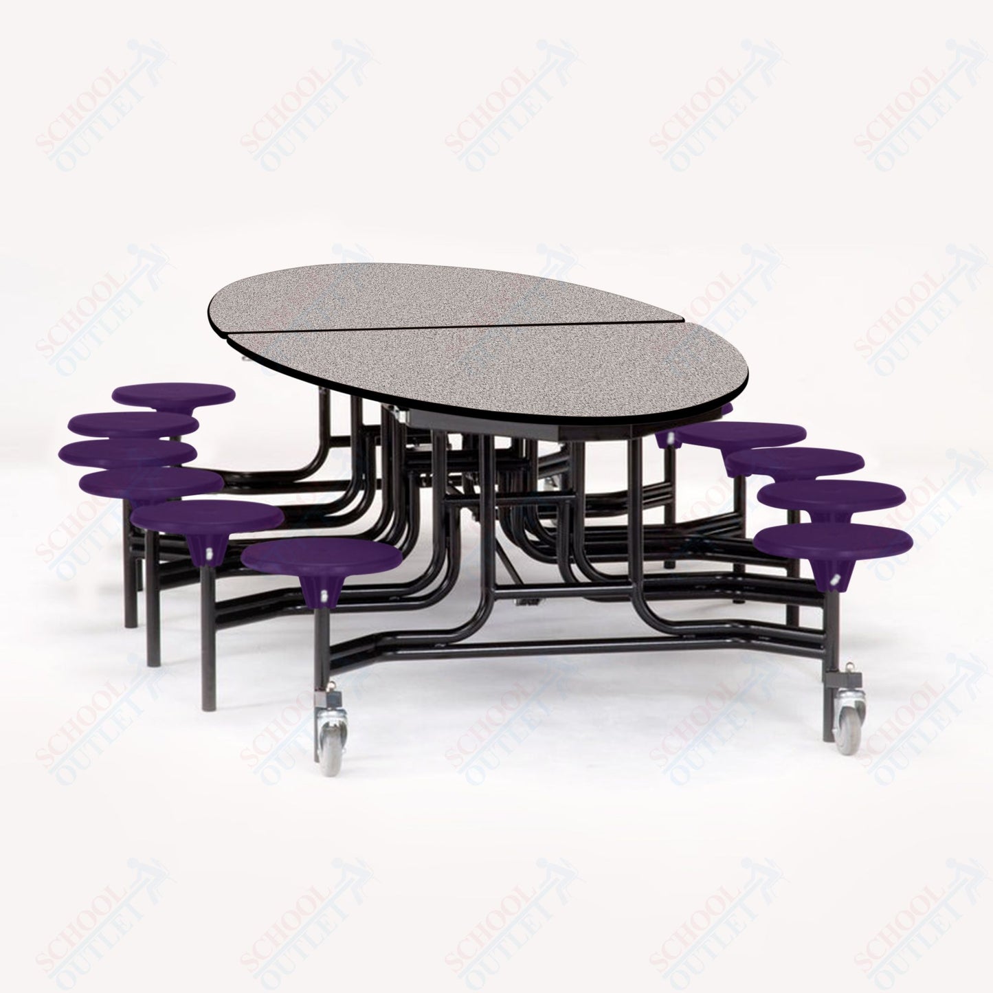NPS 10' Elliptical Mobile Cafeteria Table - 12 Stools - Particleboard Core - T-Molding Edge - Black Powdercoated Frame