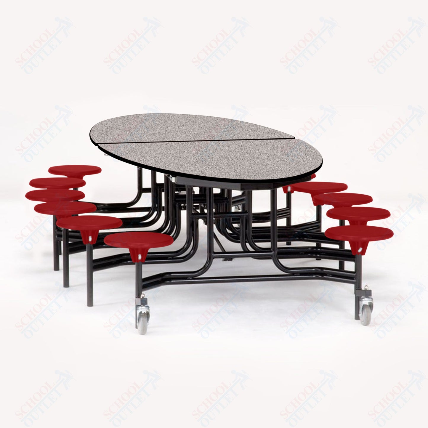 NPS 10' Elliptical Mobile Cafeteria Table - 12 Stools - Particleboard Core - T-Molding Edge - Black Powdercoated Frame
