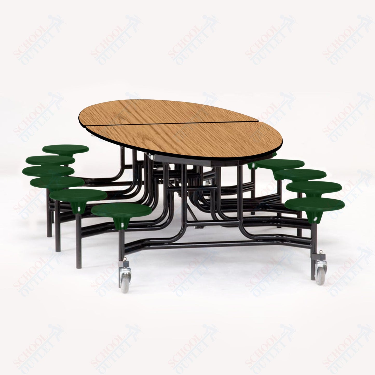 NPS 10' Elliptical Mobile Cafeteria Table - 12 Stools - Particleboard Core - T-Molding Edge - Black Powdercoated Frame