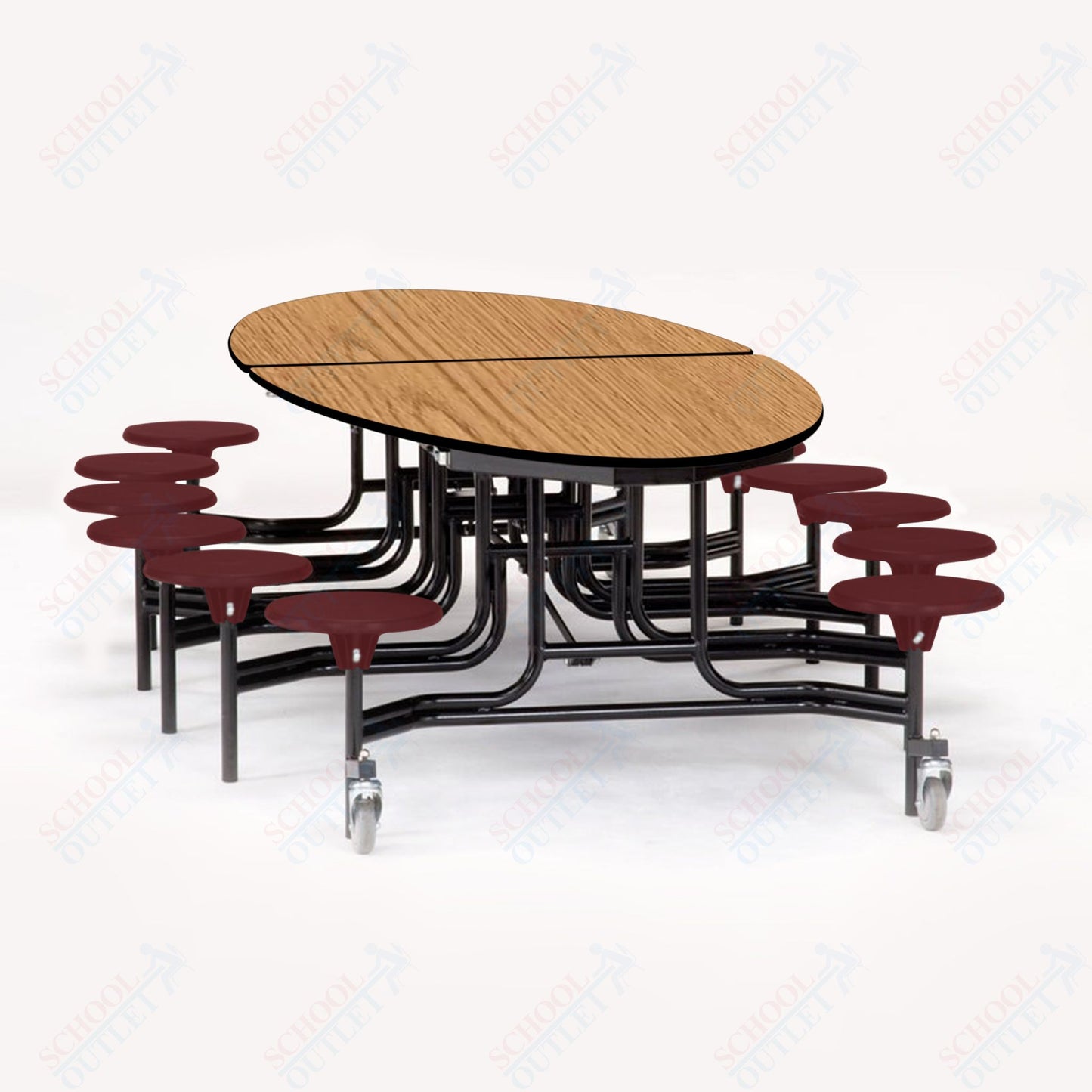 NPS 10' Elliptical Mobile Cafeteria Table - 12 Stools - Particleboard Core - T-Molding Edge - Black Powdercoated Frame
