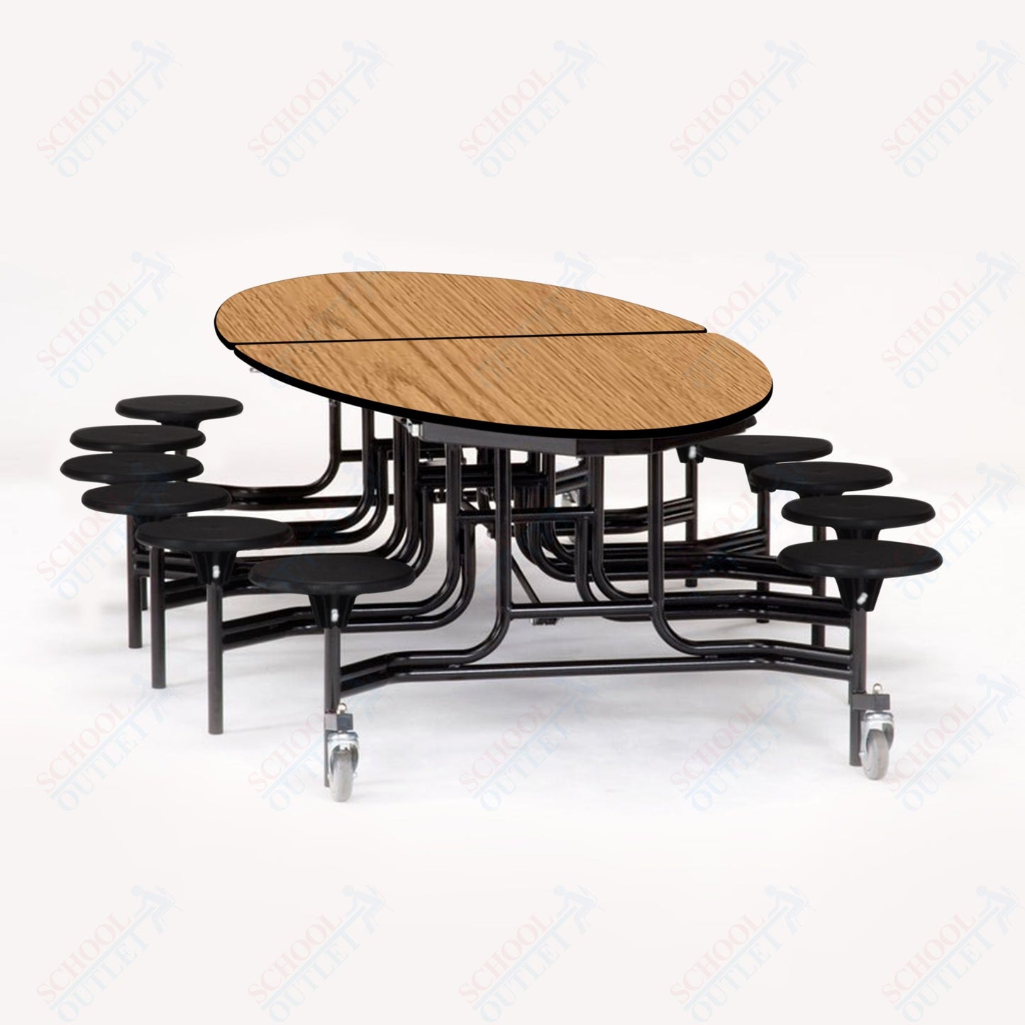 NPS 10' Elliptical Mobile Cafeteria Table - 12 Stools - Particleboard Core - T-Molding Edge - Black Powdercoated Frame