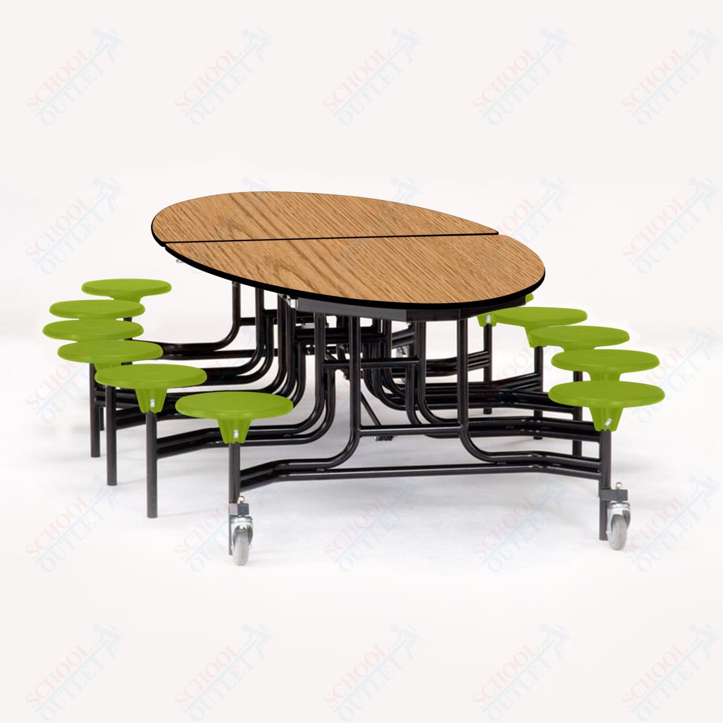 NPS 10' Elliptical Mobile Cafeteria Table - 12 Stools - Particleboard Core - T-Molding Edge - Black Powdercoated Frame
