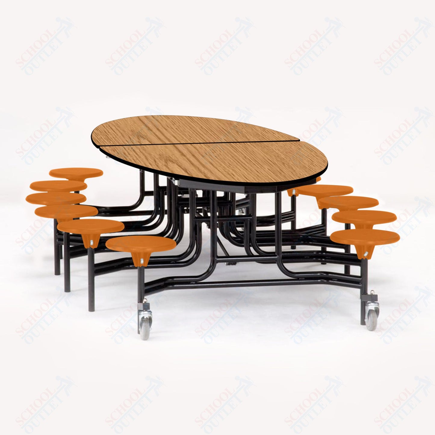 NPS 10' Elliptical Mobile Cafeteria Table - 12 Stools - Particleboard Core - T-Molding Edge - Black Powdercoated Frame