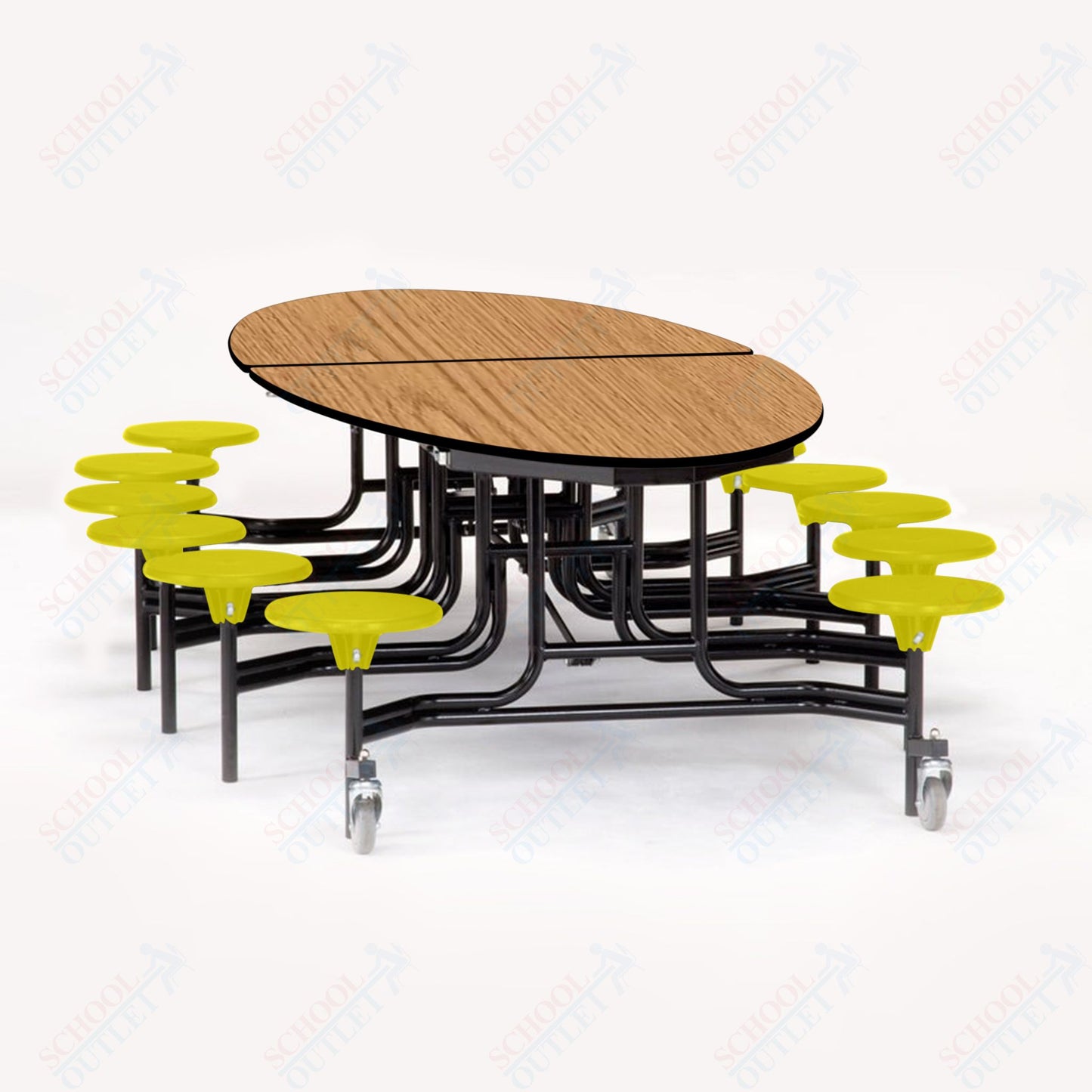 NPS 10' Elliptical Mobile Cafeteria Table - 12 Stools - Particleboard Core - T-Molding Edge - Black Powdercoated Frame
