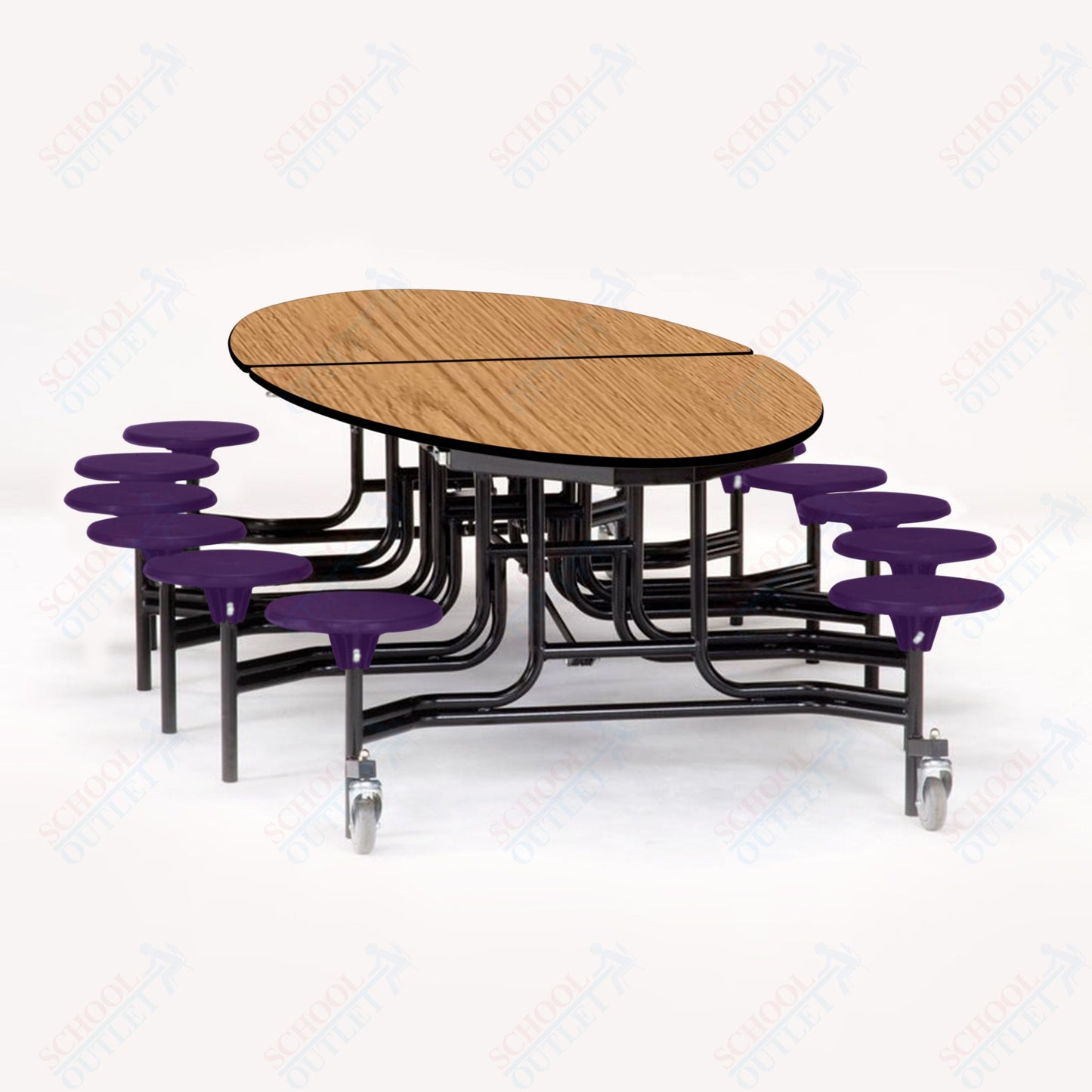 NPS 10' Elliptical Mobile Cafeteria Table - 12 Stools - Particleboard Core - T-Molding Edge - Black Powdercoated Frame