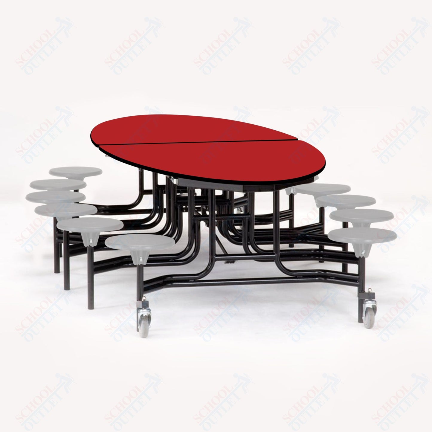 NPS 10' Elliptical Mobile Cafeteria Table - 12 Stools - Particleboard Core - T-Molding Edge - Black Powdercoated Frame
