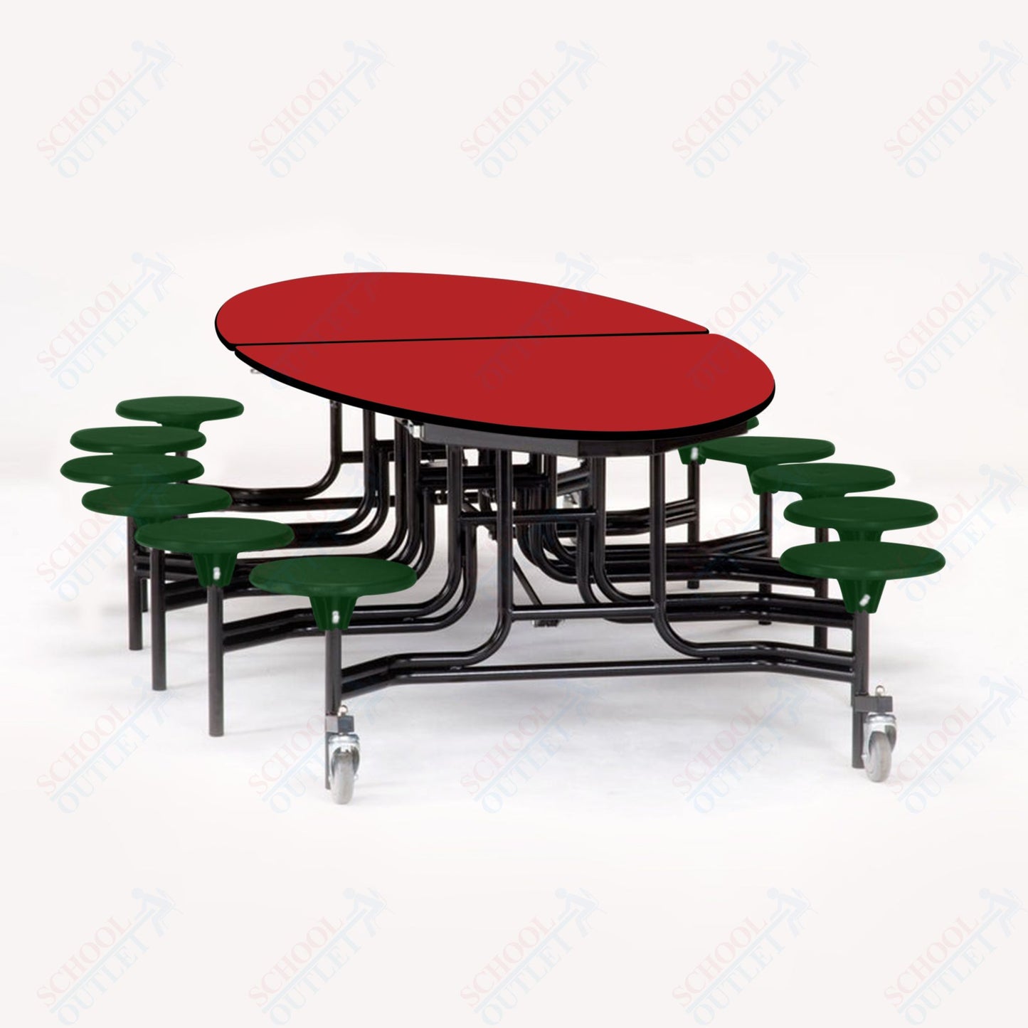 NPS 10' Elliptical Mobile Cafeteria Table - 12 Stools - Particleboard Core - T-Molding Edge - Black Powdercoated Frame