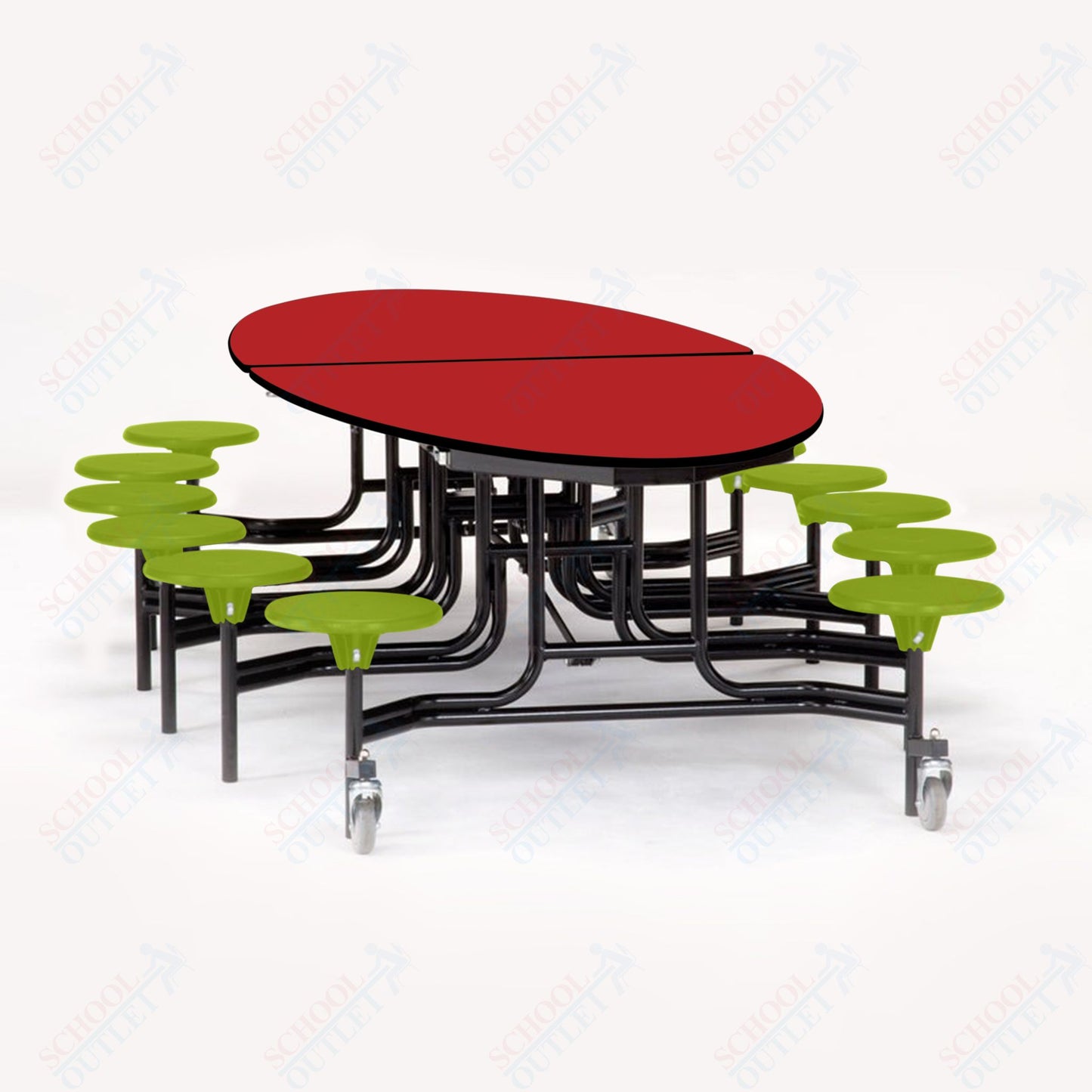 NPS 10' Elliptical Mobile Cafeteria Table - 12 Stools - Particleboard Core - T-Molding Edge - Black Powdercoated Frame