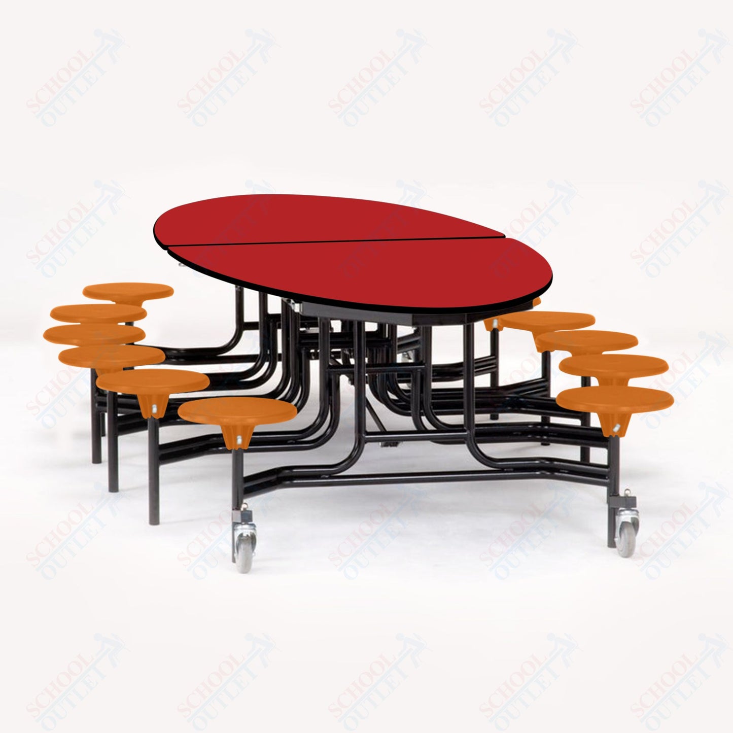 NPS 10' Elliptical Mobile Cafeteria Table - 12 Stools - Particleboard Core - T-Molding Edge - Black Powdercoated Frame