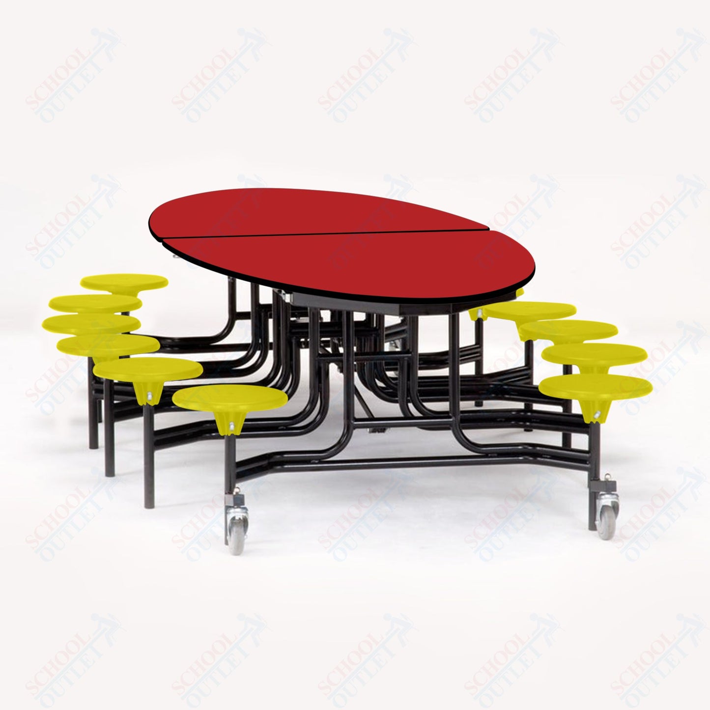 NPS 10' Elliptical Mobile Cafeteria Table - 12 Stools - Particleboard Core - T-Molding Edge - Black Powdercoated Frame