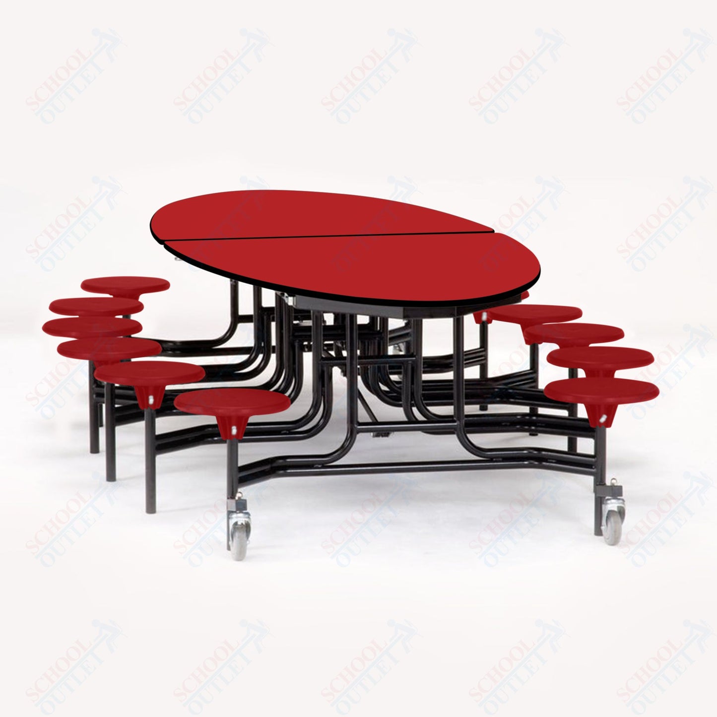 NPS 10' Elliptical Mobile Cafeteria Table - 12 Stools - Particleboard Core - T-Molding Edge - Black Powdercoated Frame