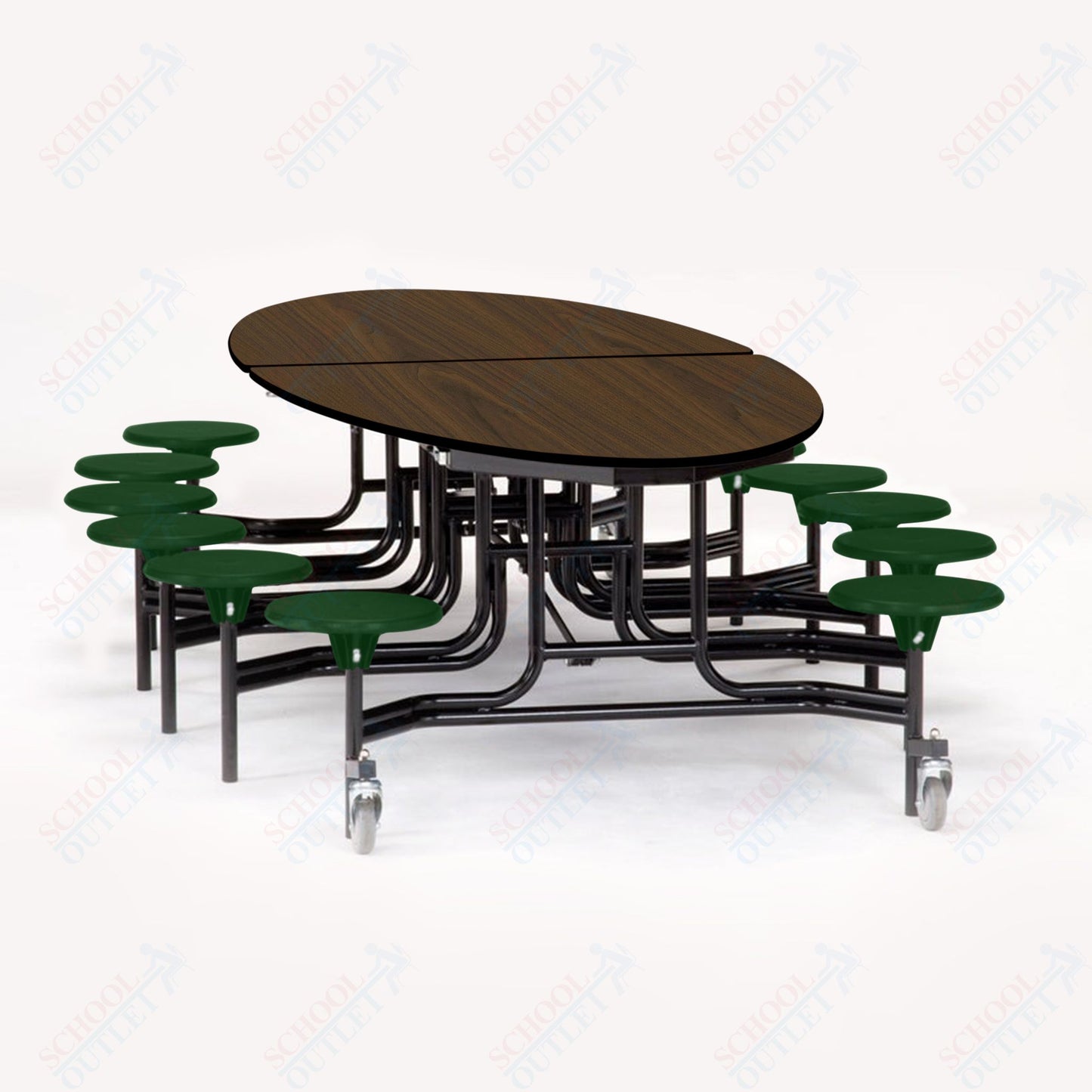 NPS 10' Elliptical Mobile Cafeteria Table - 12 Stools - Particleboard Core - T-Molding Edge - Black Powdercoated Frame