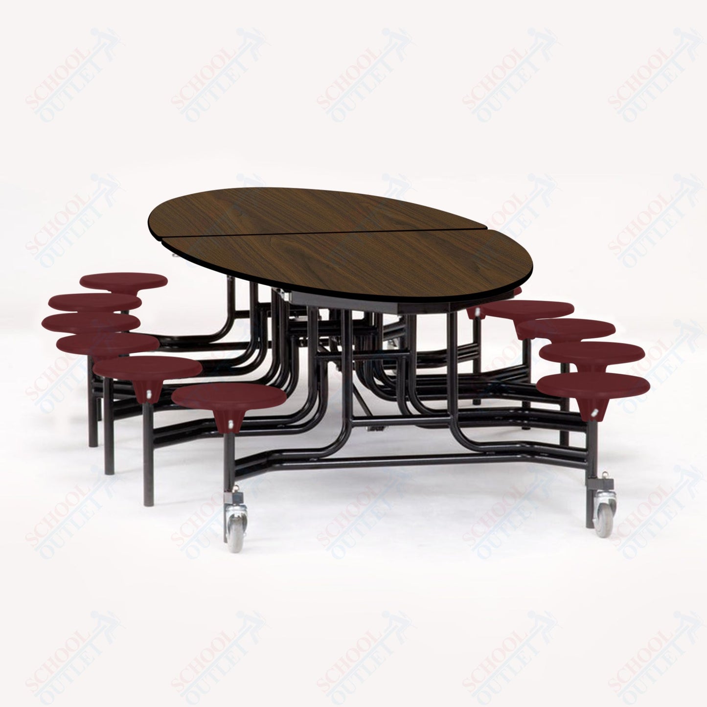 NPS 10' Elliptical Mobile Cafeteria Table - 12 Stools - Particleboard Core - T-Molding Edge - Black Powdercoated Frame
